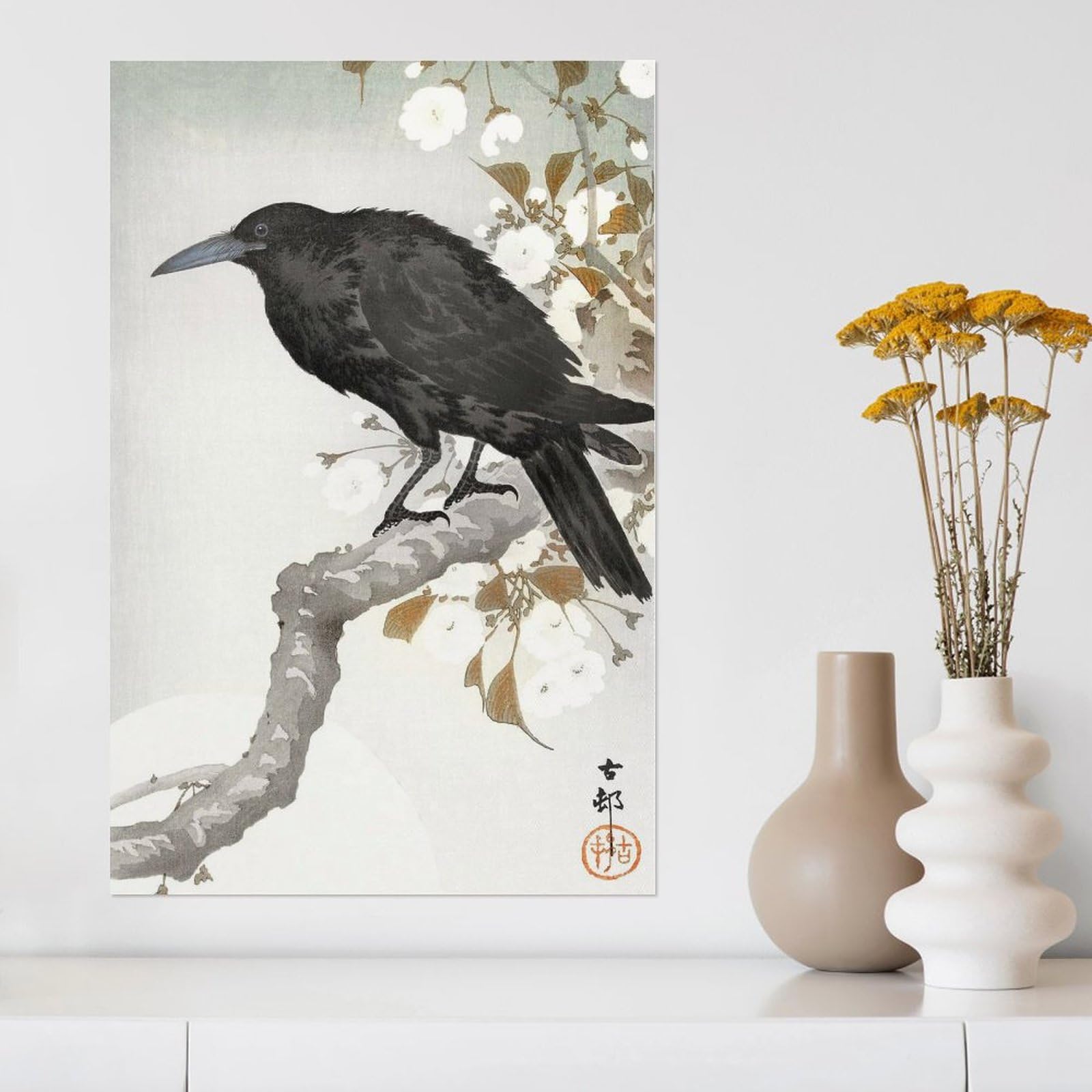 Amazon.co.jp: 絵画 枝にとまるカラスインテリア 絵画 日本の民俗芸術