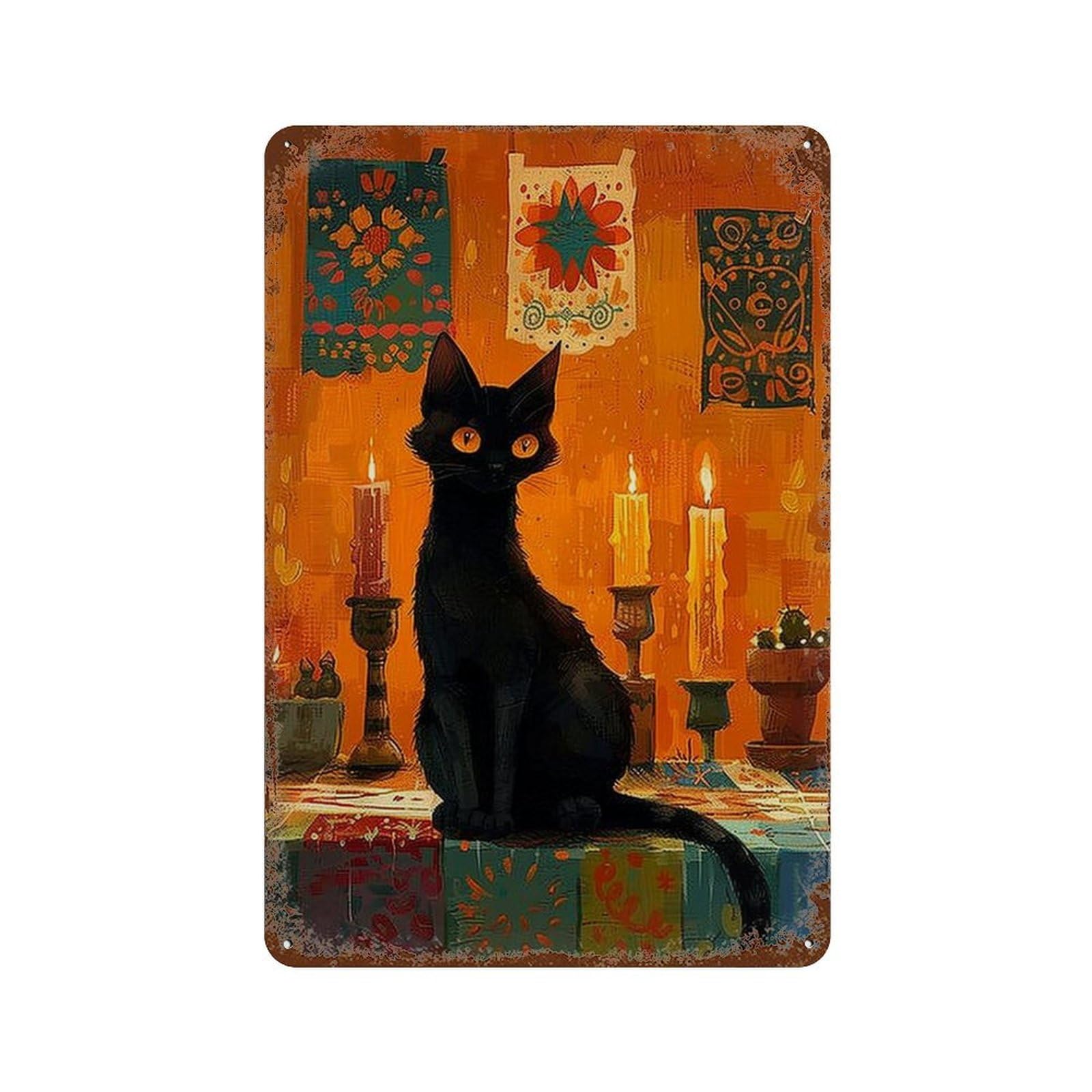 Black Cat with Candles Weathered Tin Sign 11.8"x7.9", Rustic Home Decor for Garage, Pub Or Kitchen