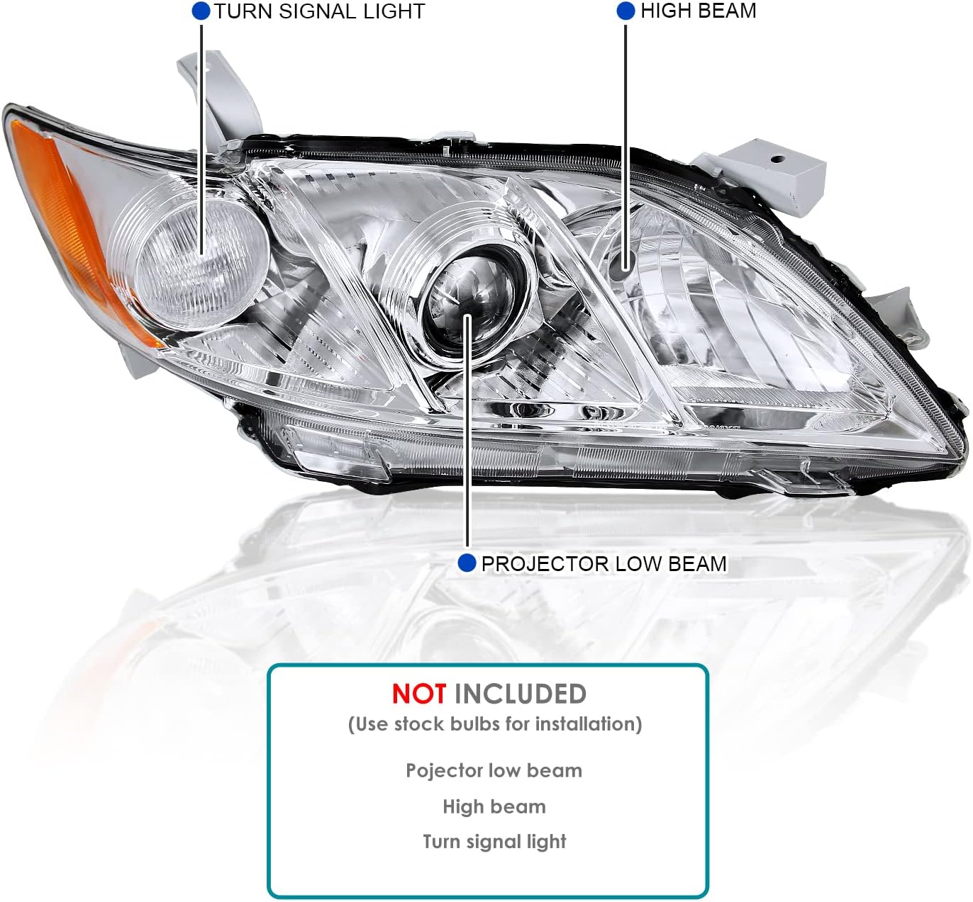 SPEC-D TUNING Chrome Projector Headlights W/Amber Reflector Compatible with 2007-2009 Toyota Camry, Left + Right Pair Headlamps Assembly