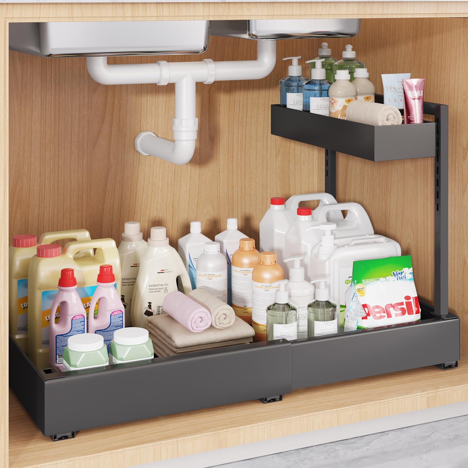 Photo 1 of 1-Pack L-Shape Expandable Under Sink Organizer with 3 Ball-Bearing Slide Rails,2-Tier Pull-Out Under Cabinet Storage Shelf for Kitchen & Bathroom,Height-Adjustable Slide-Out Cabinet Drawer-Black