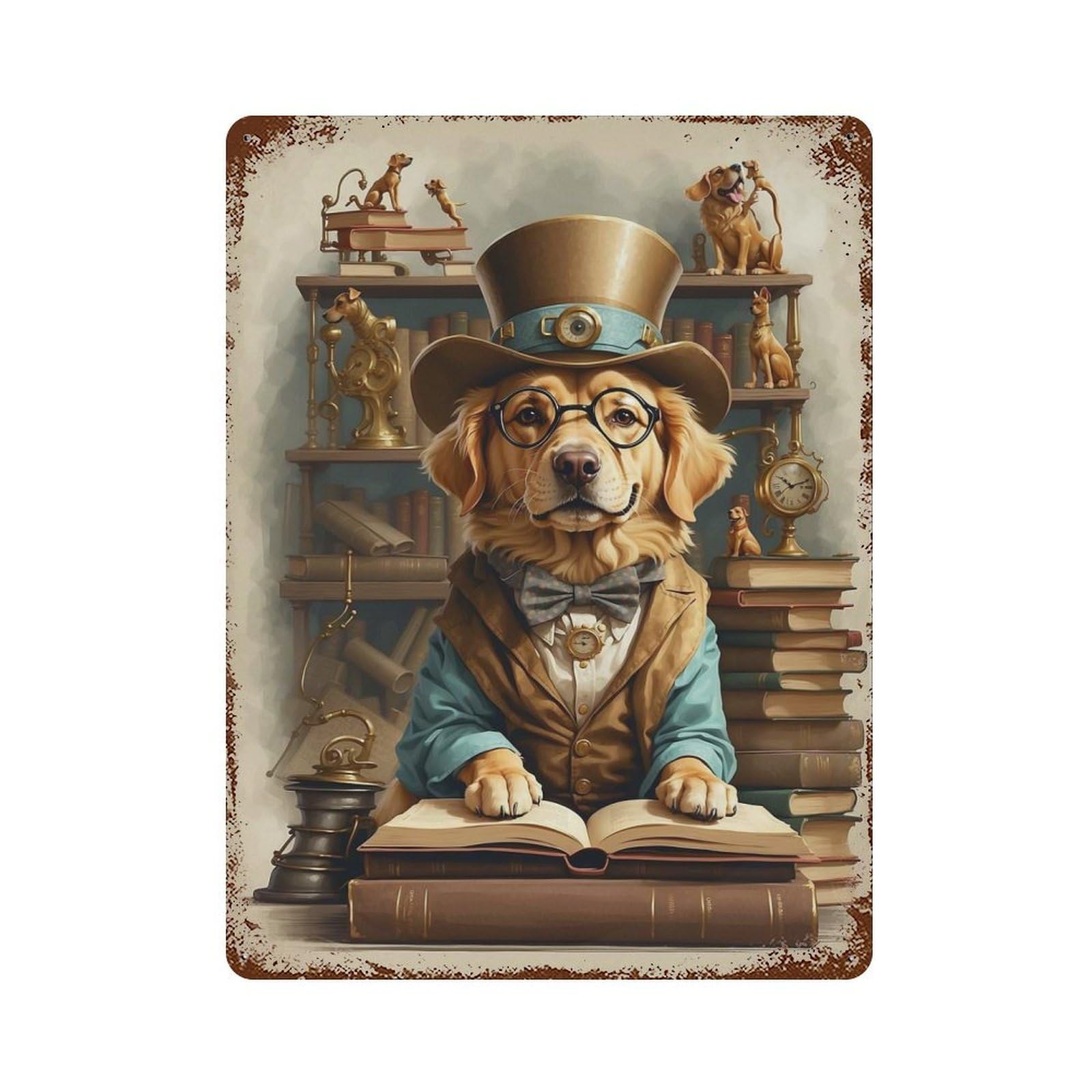 Smart Golden Retriever Dog Rusty Metal Tin Sign 15.7"x11.8", Industrial Home Decor for Garage, Pub Or Kitchen