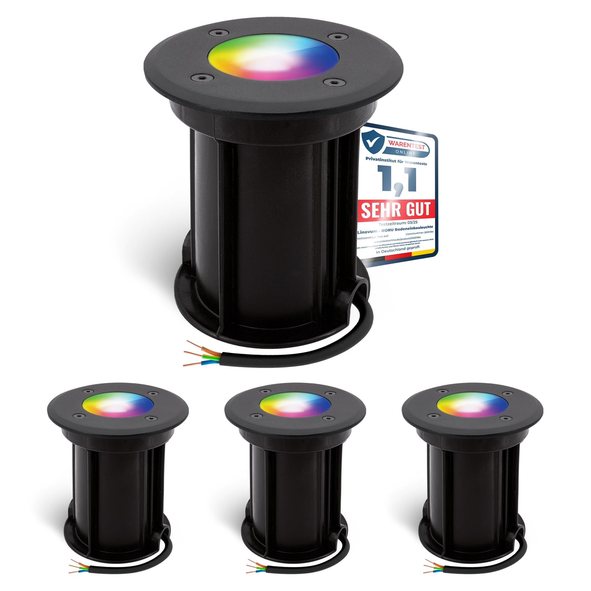 linovum BORU Bodeneinbaustrahler 4er Set schwarz Smart GU10 WLAN RGBW IP67 | Vier befahrbare Bodenstrahler bis 500kg - per App & Alexa steuerbar, RGB-Farblicht, für Garten & Wege, IP67, inkl. LED