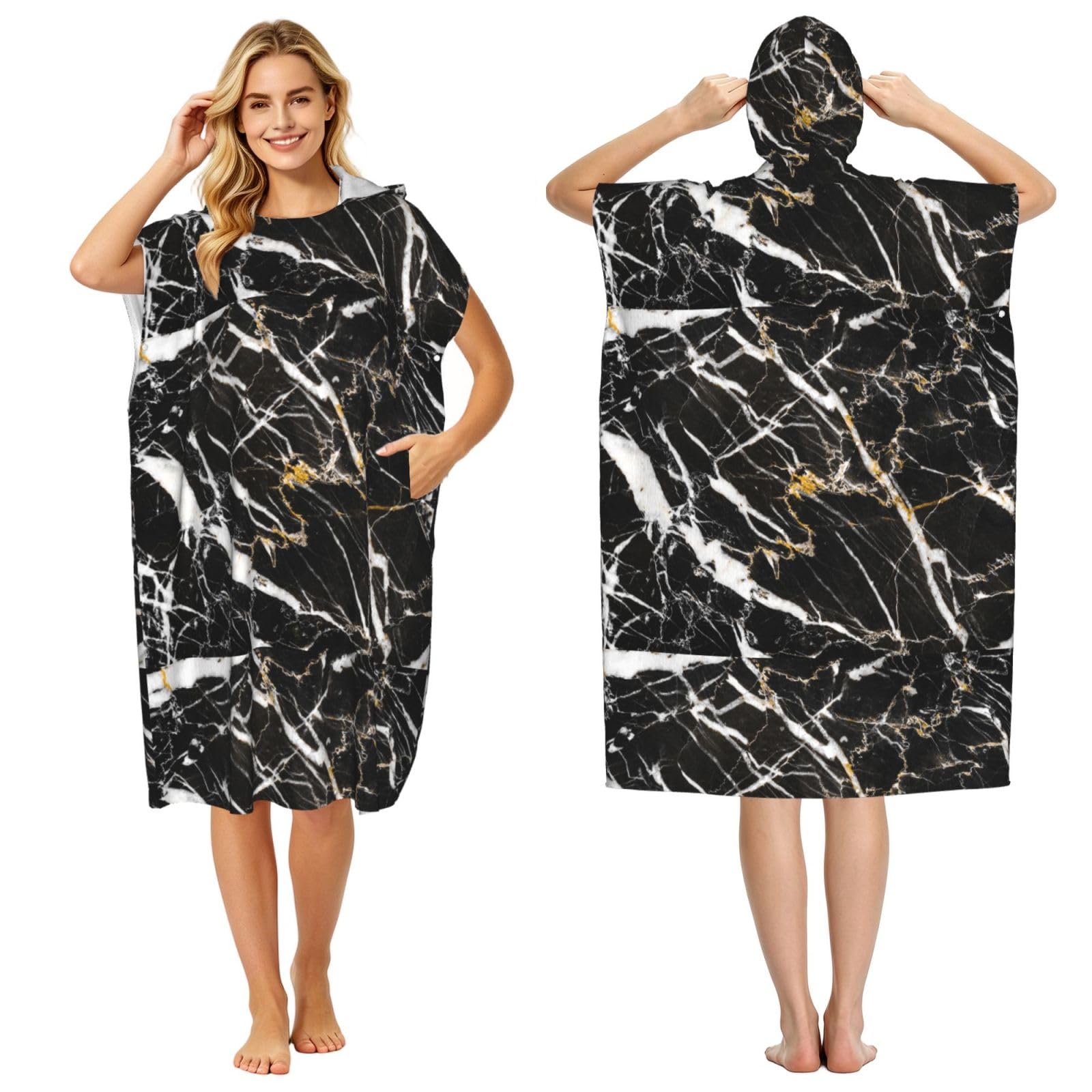Poadnly Marble Fitted, Adult Hooded Beach Towel 90 x 110 cm,Changing Bath Robe, Surf Poncho Towel For Women Men