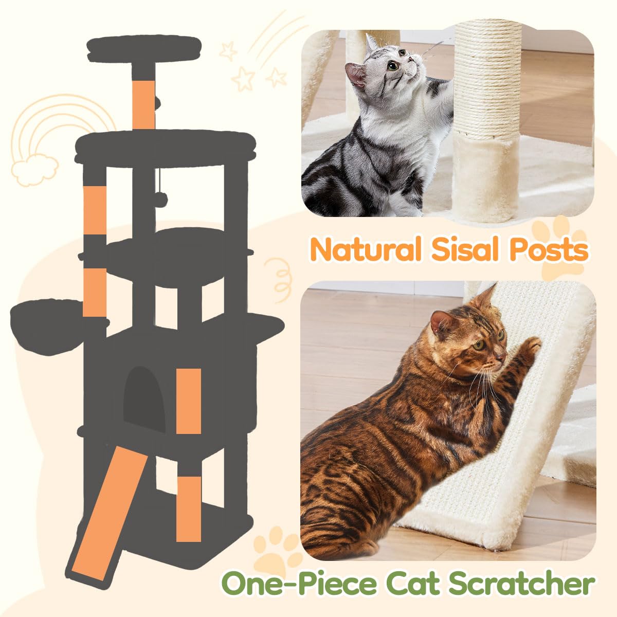 Taoqimiao Arbre à Chat 183 cm pour Grands Chats, Niche Large, Grand Panneau à griffer, 5 poteaux à griffer, hamac à Cadre métallique, Panier Confortable, MS045M Beige