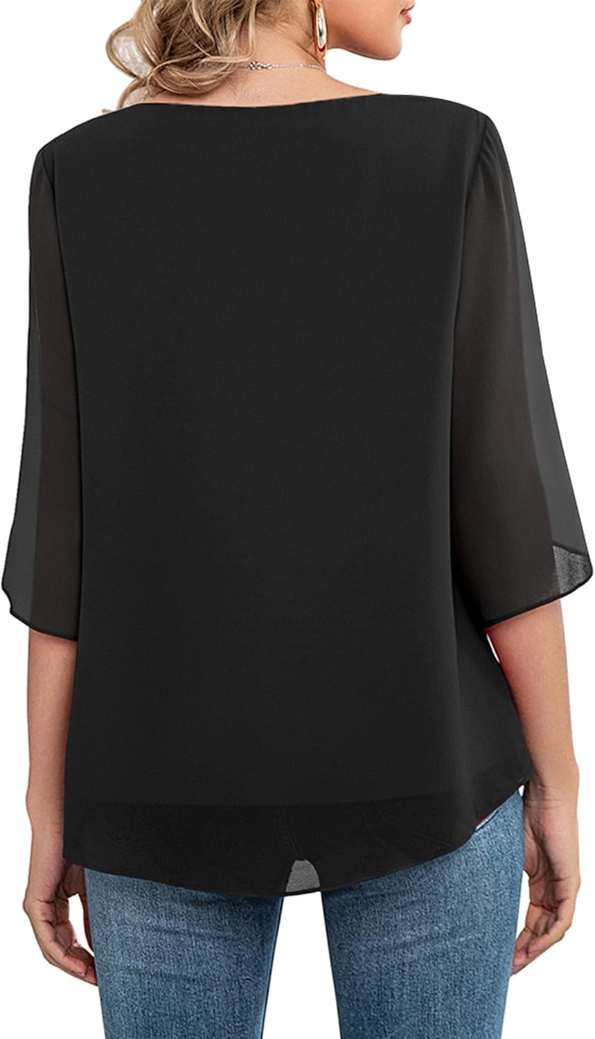 Neineiwu Womens Casual Scoop Neck Loose Top 3/4 Sleeve Chiffon Blouse Shirt Tops - Image 4