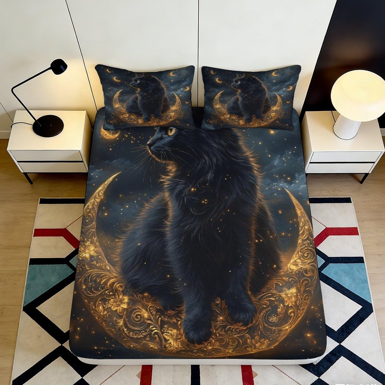 3D Printed Black Cat Moon Fitted Sheet Microfiber Soft Durable Starry Night Bed Cover for Bedroom Dormitory Guest Room Mattress Protection Decor 120x200x25cm