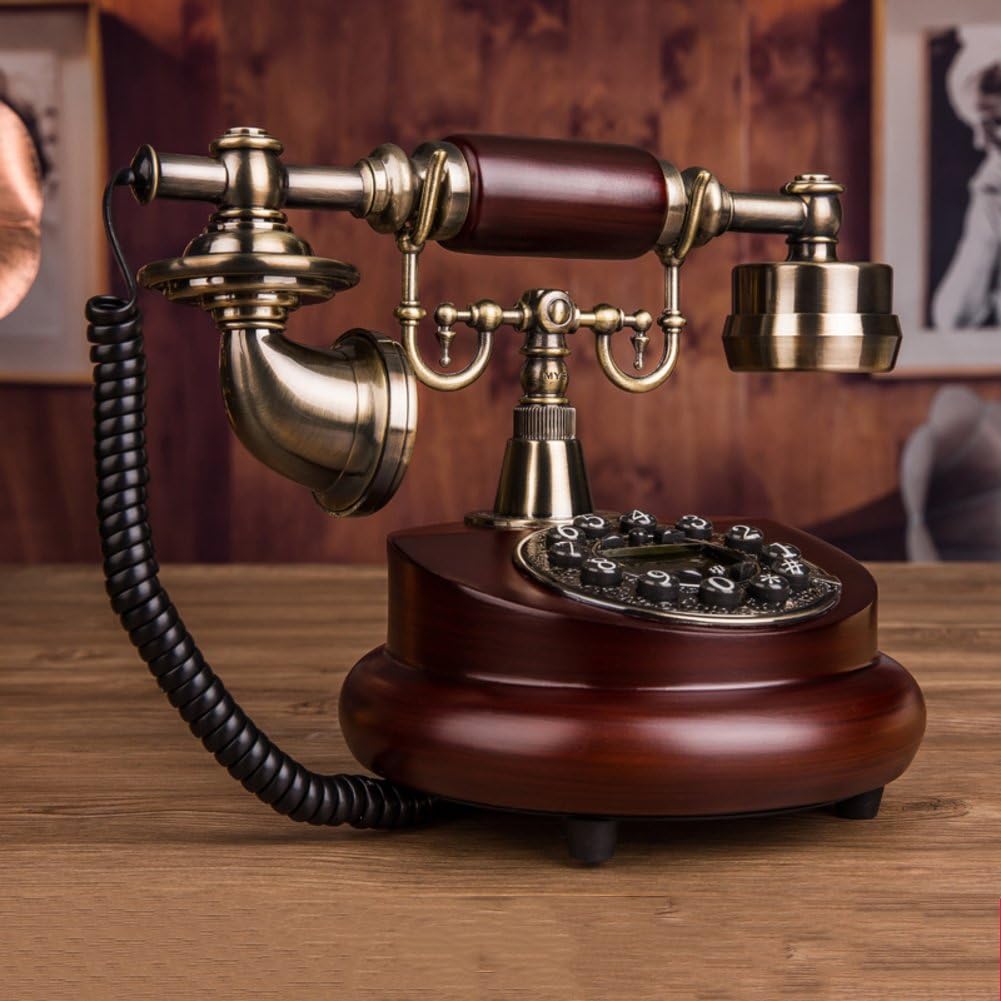 Old fashioned telephone European antique solid wood phone Creative home fixed telephone Classical landline-A