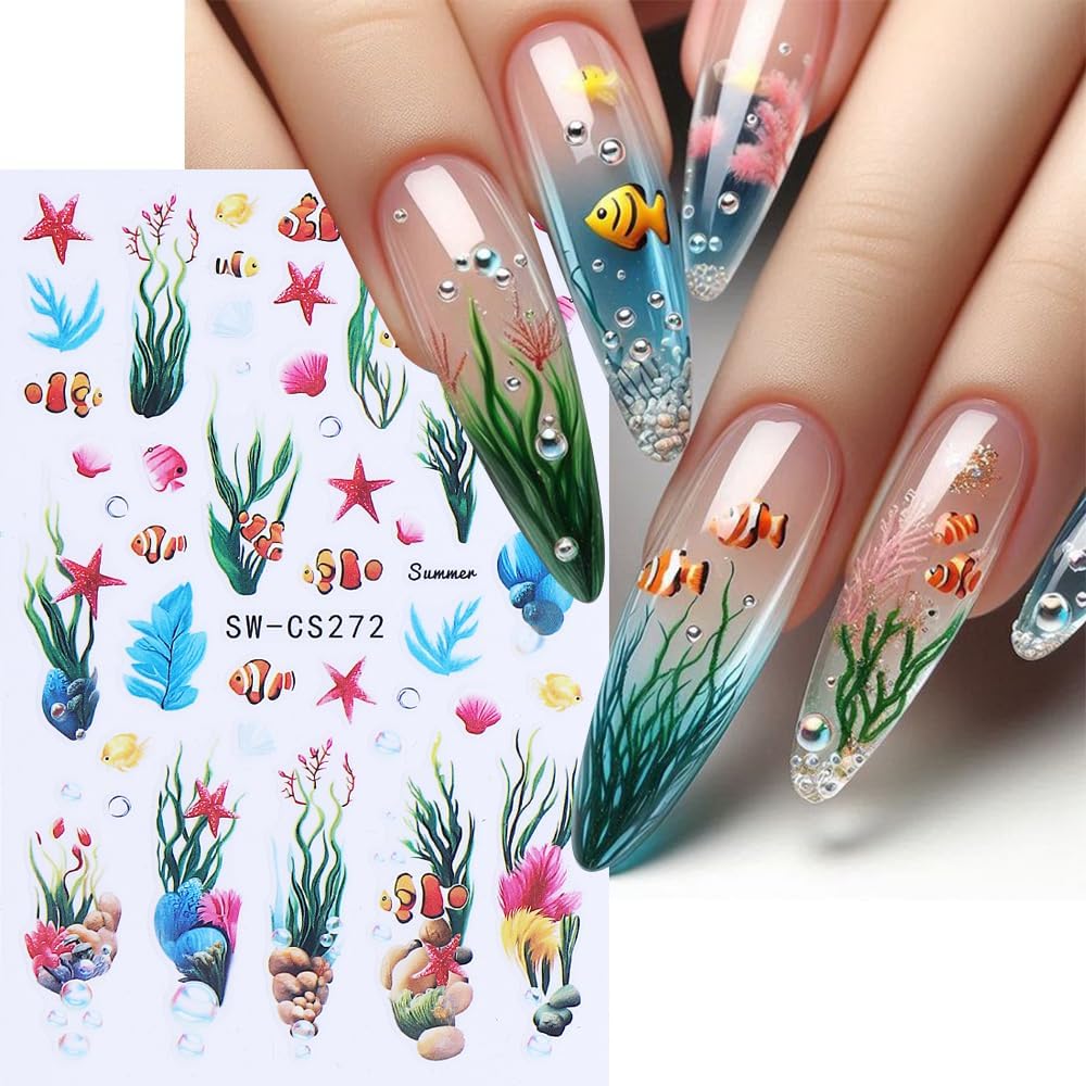 5 Pcs Ocean Sea Nail Stickers for Nail Art, 3D Self-Adhesive Starfish Fish Coral Nail Decals, Summer Nail Supplies Nail Art Design Accessories for Women and Girls Manicure DIY Decoration - Image 2