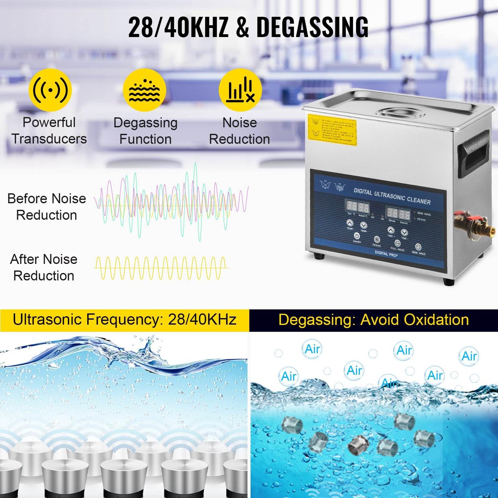 Ultraschallreiniger 6L Edelstahl mit LED-Display, 28/40kHz Zweifrequenz, Heizfunktion bis 80°C, Digitaler Reiniger für Heimwerk Profis