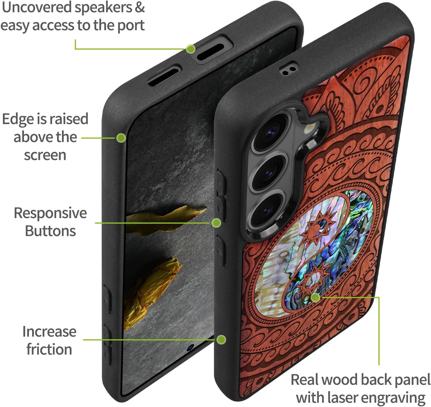 Carveit Magnetic Wooden Case for Samsung Galaxy S26 Case, Wood Artisan Engraved & Handmade Shell Inlaid, Compatible with MagSafe Wireless Chargers (Yin Yang Paisley) Rosy