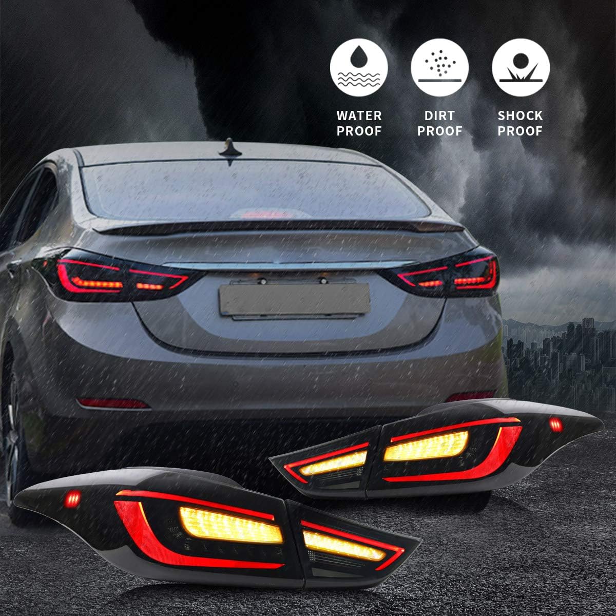 VLAND LED Smoked Tail Lights Compatible for [Hyundai Elantra 2011-2016 ] Rear Tail Lamps Assembly with Dynamic Animation Running Light, Sequential Turn Signal, Not for Hatchback