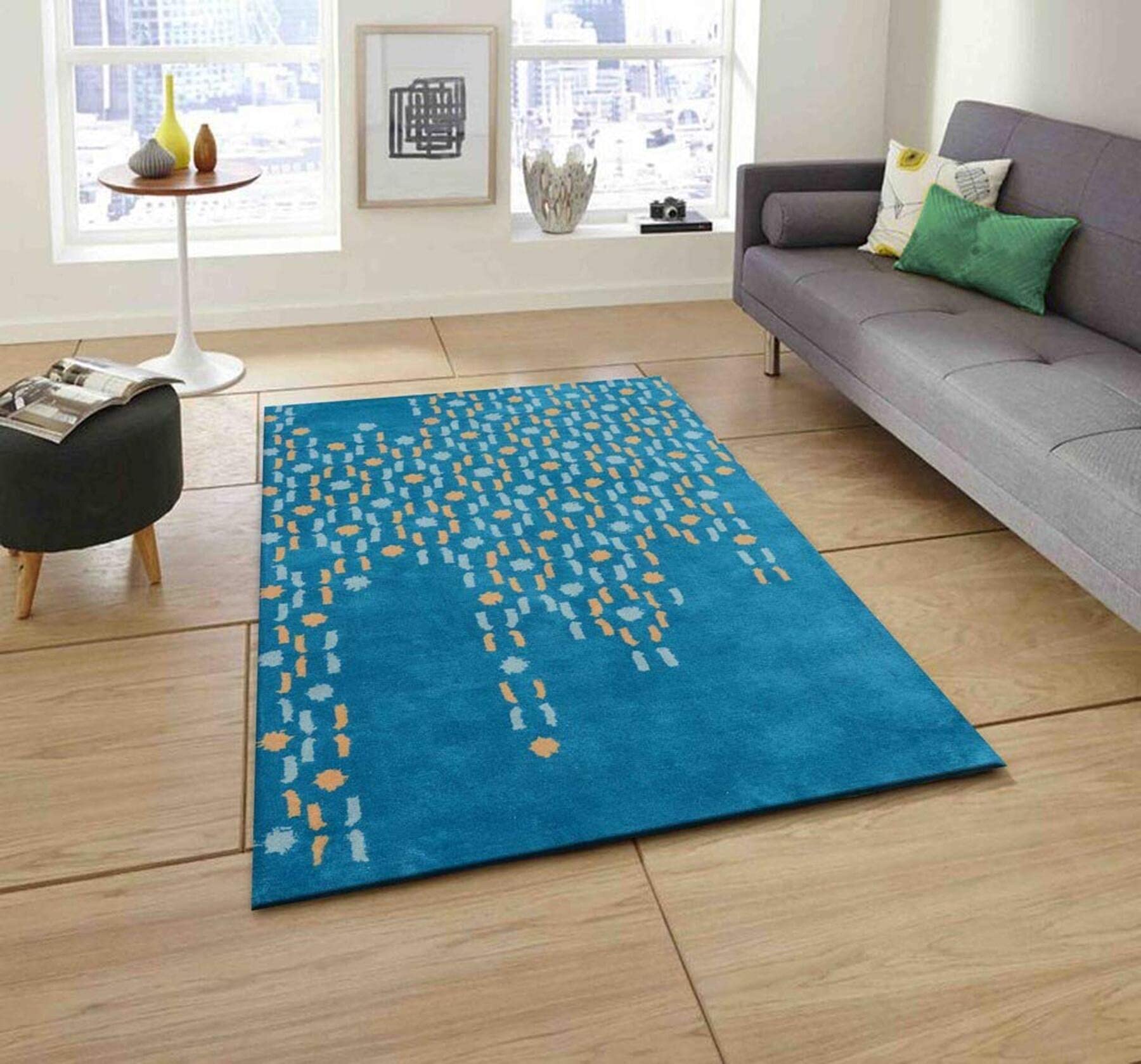 Modern Embossed Handmade Woolen Carpet for Home Living Room Bedroom and Hall Size 5 x 7 Feet Color Turquoise Blue