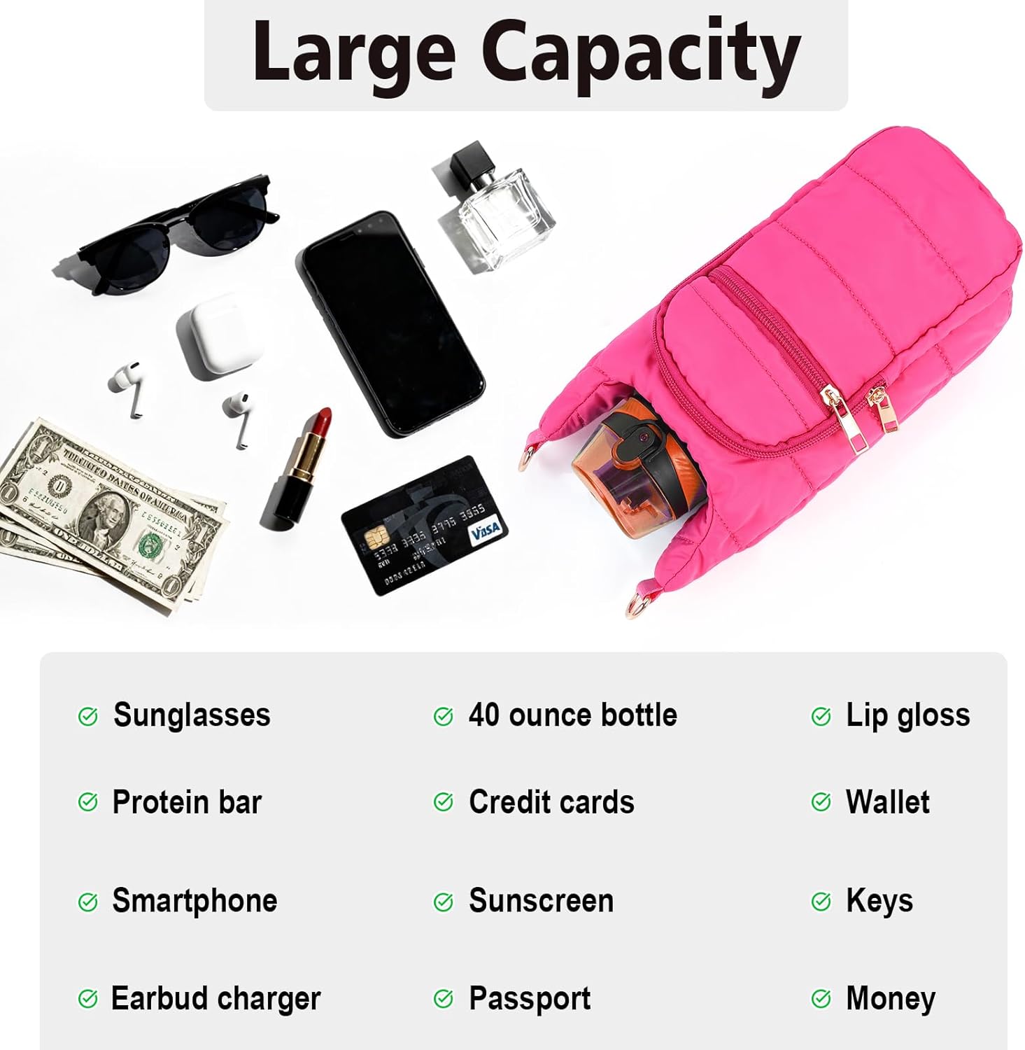 Water Bottle Holder with Strap Water Bottle Carrier Bag Quilted Puffer Sling Purse Crossbody Hydro Bag for Women Walking - Image 4