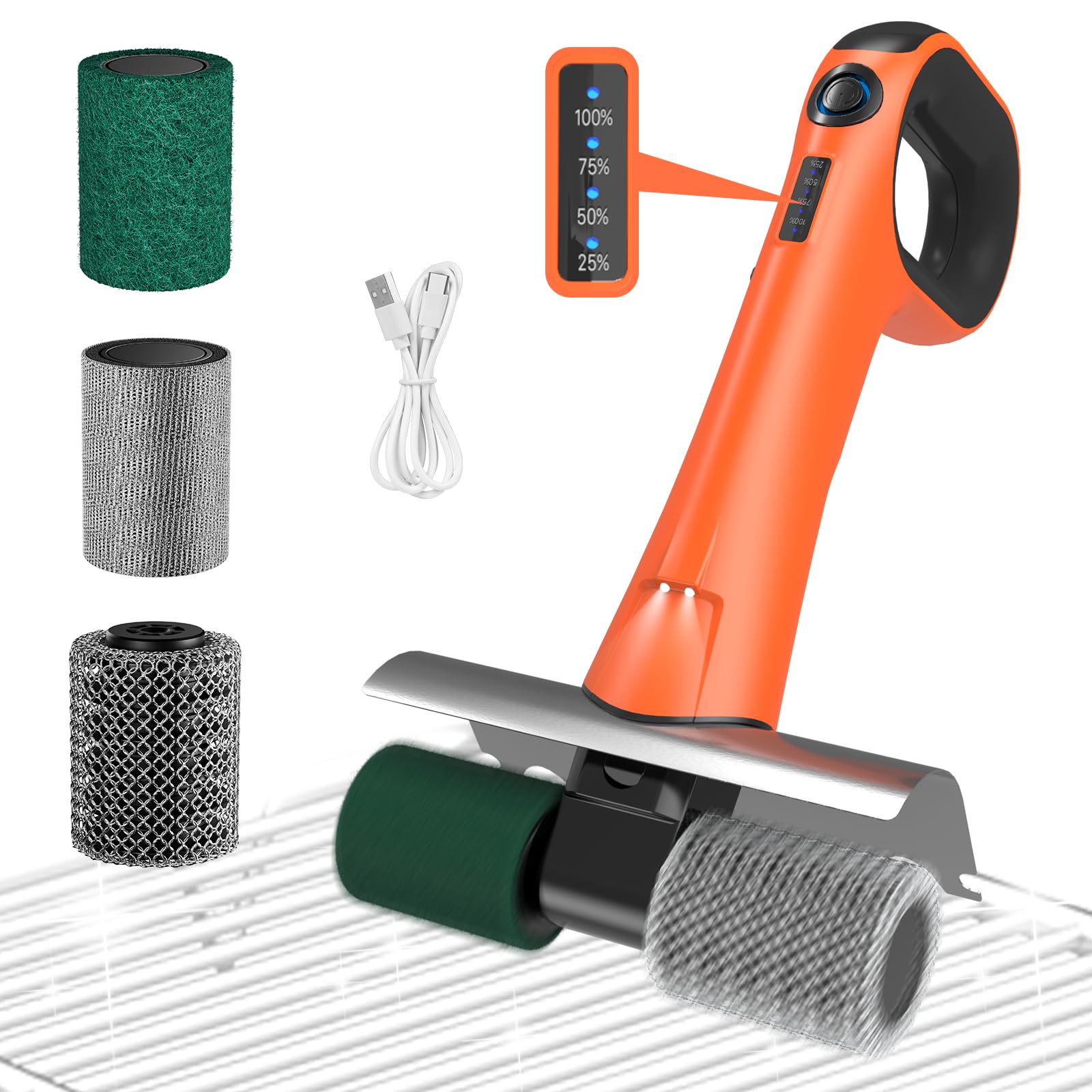 Hillyfe Spazzola per griglia senza setole, ricaricabile senza fili, con 3 testine, 450 giri/min, 2 ore di funzionamento continuo, luce LED, raschietto per griglia, regalo per uomini, per barbecue