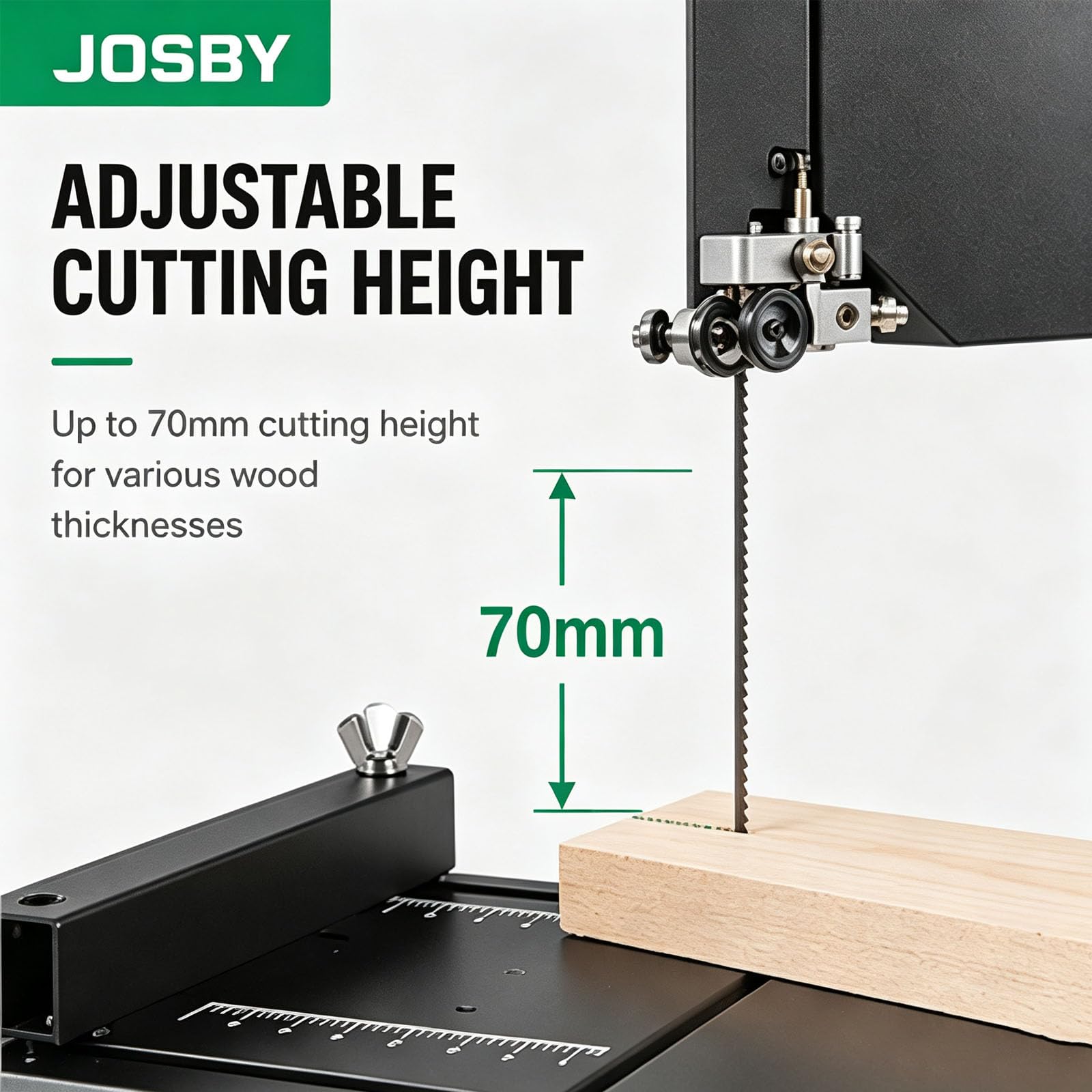 JOSBY Sierra De Cinta De Sobremesa De 800 W, Sierra De Cinta Portátil para Madera De 1750 RPM, Corte Angular De 0 A 45°, Profundidad De Corte De 70 Mm Y Profundidad De Garganta De 90 Mm