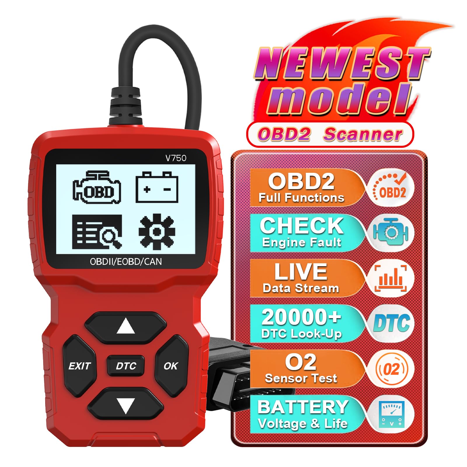 Car OBD2 Diagnostic Device Auto OBD2 Scanner,OBD2 EOBD Motor Error Code Reader Scanner with DTC Definition Voltage Detection and Monitoring in Car OBDII Protocol in Car Scanner(Bright Red)