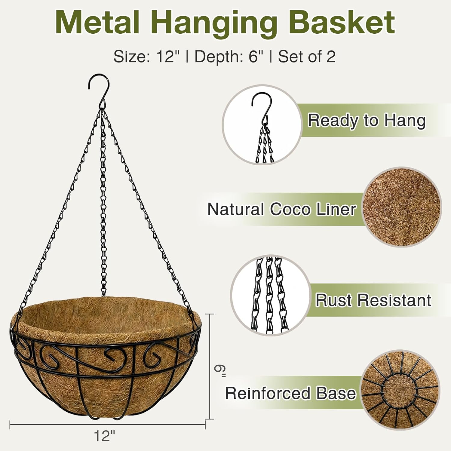 12 Inch Hanging Baskets for Plants Outdoor, 2 Pack Metal Wire Hanging Planters with Coco Coir Liners, Rust-Resistant Flower Basket with Chains & Hooks for Garden Patio Porch Deck Balcony