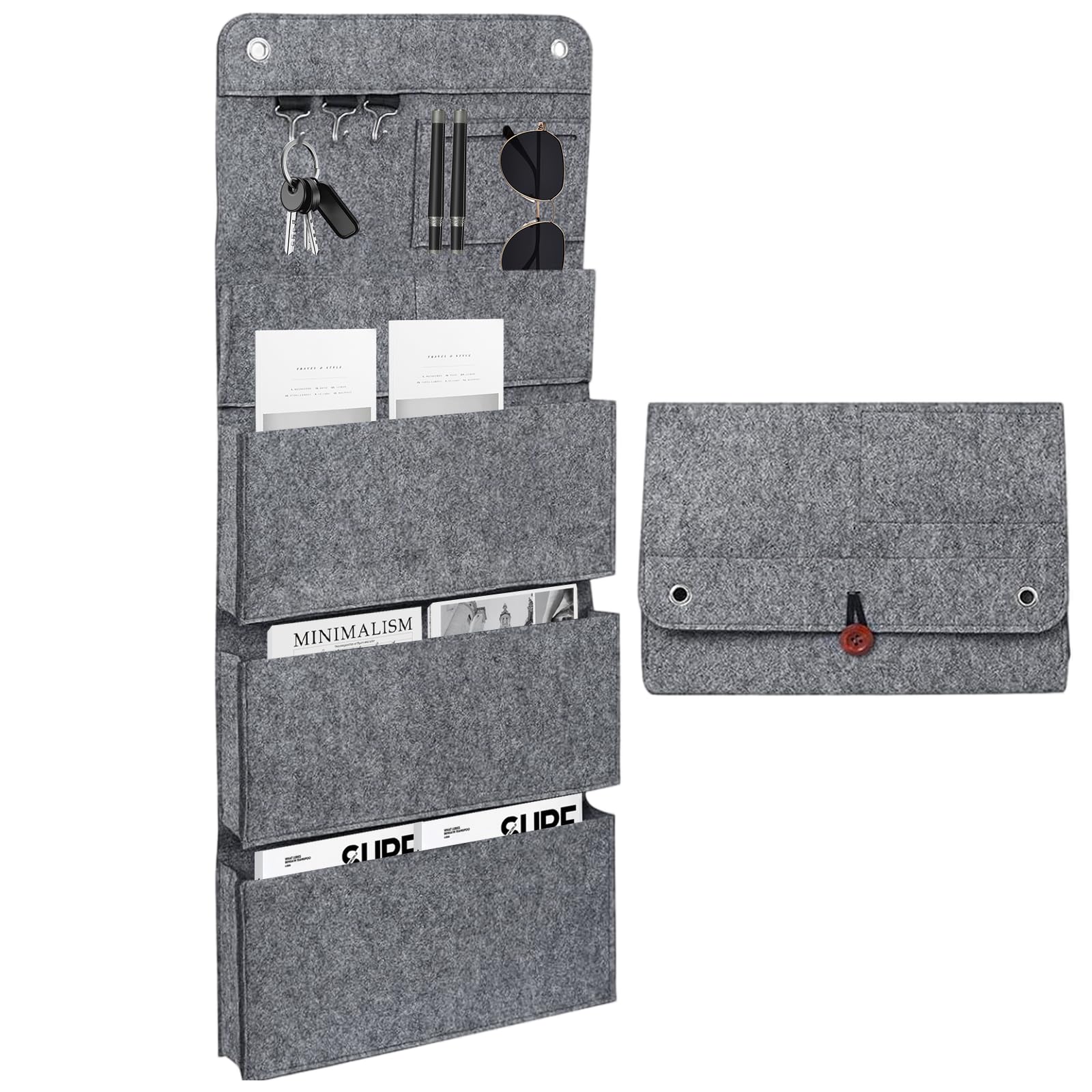 Wiszący organizer, 6 przegródek, 3 haczyki, 80 x 32 cm, organizer ścienny, wiszący, filcowy, składany, duża pojemność, organizer ścienny do drzwi, łazienki, korytarza, biura, organizer