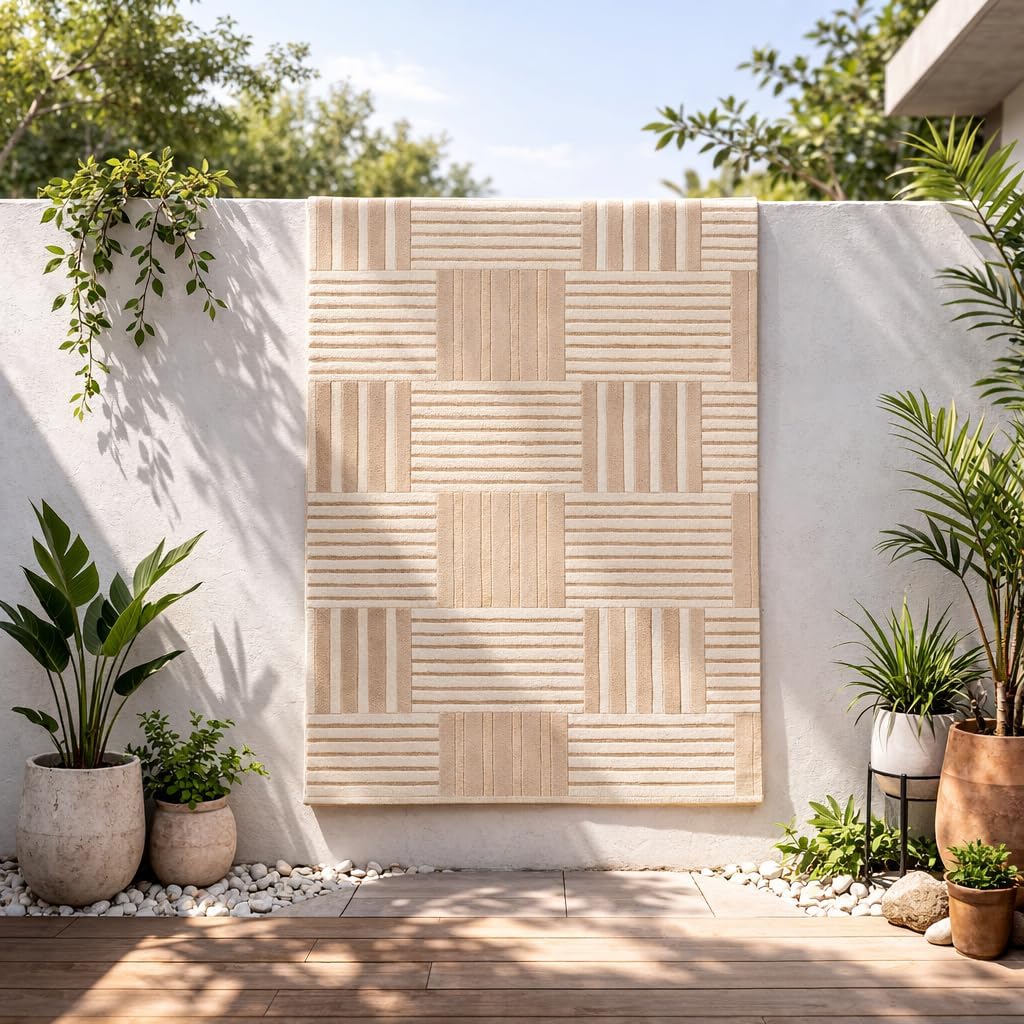 Hand Tufted Wool Area Rug, Beige & Ivory Geometric Patchwork Striped Block Pattern, Modern Neutral Floor Rug 7x10, 6x9, 8x10, 9x12 Sizes