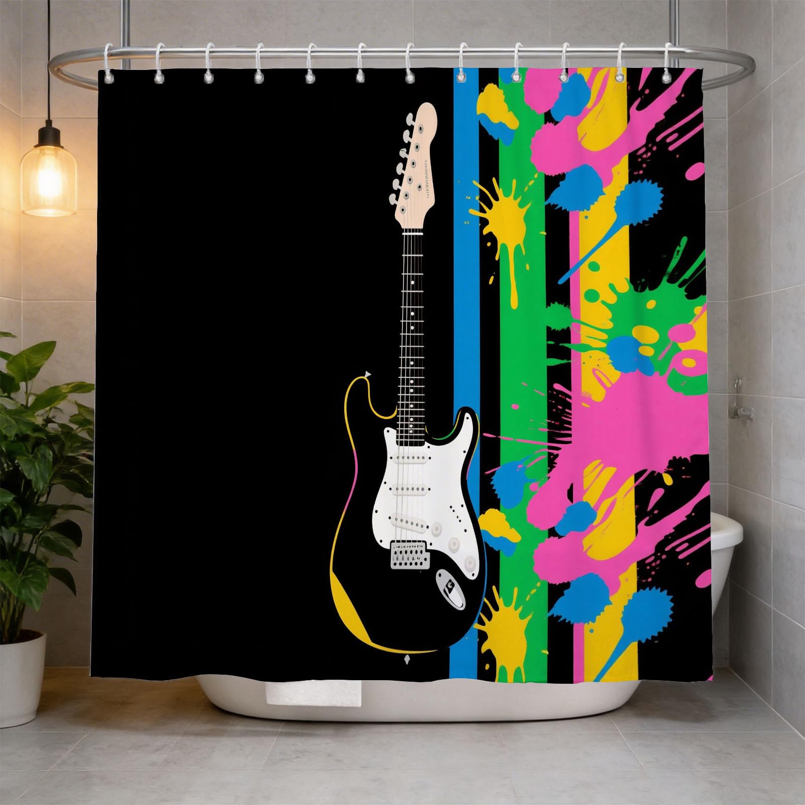 Hongduo 3D Guitar Shower Curtain for Stalls Bathtubs Striped Bathroom Decor Shower Curtain Set Polyester Fabric Waterproof 180x200cm/71X79 Inch with Hooks