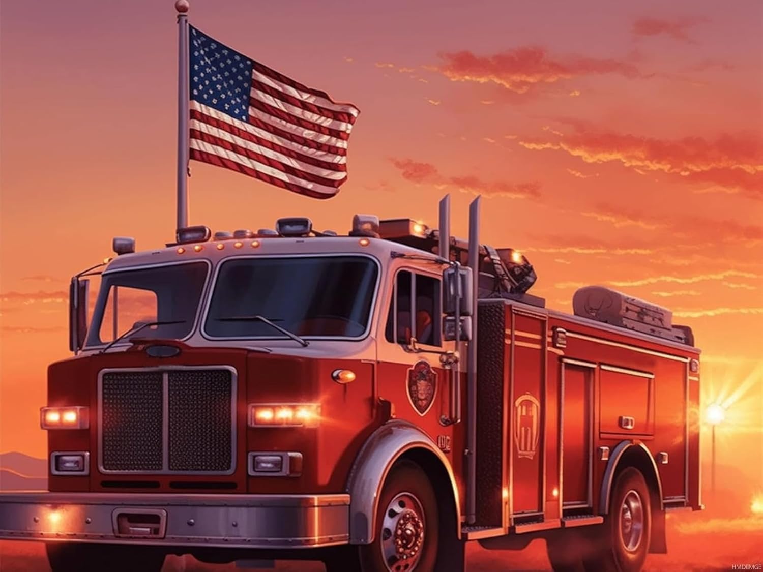HMDIIMGE Diamond Art Painting American Flag Patriotic Fire Truck Full Drill Paint with Diamond Art DIY Scenery Painting by Number Kits Art Wall Home Decor 12x16 Inch