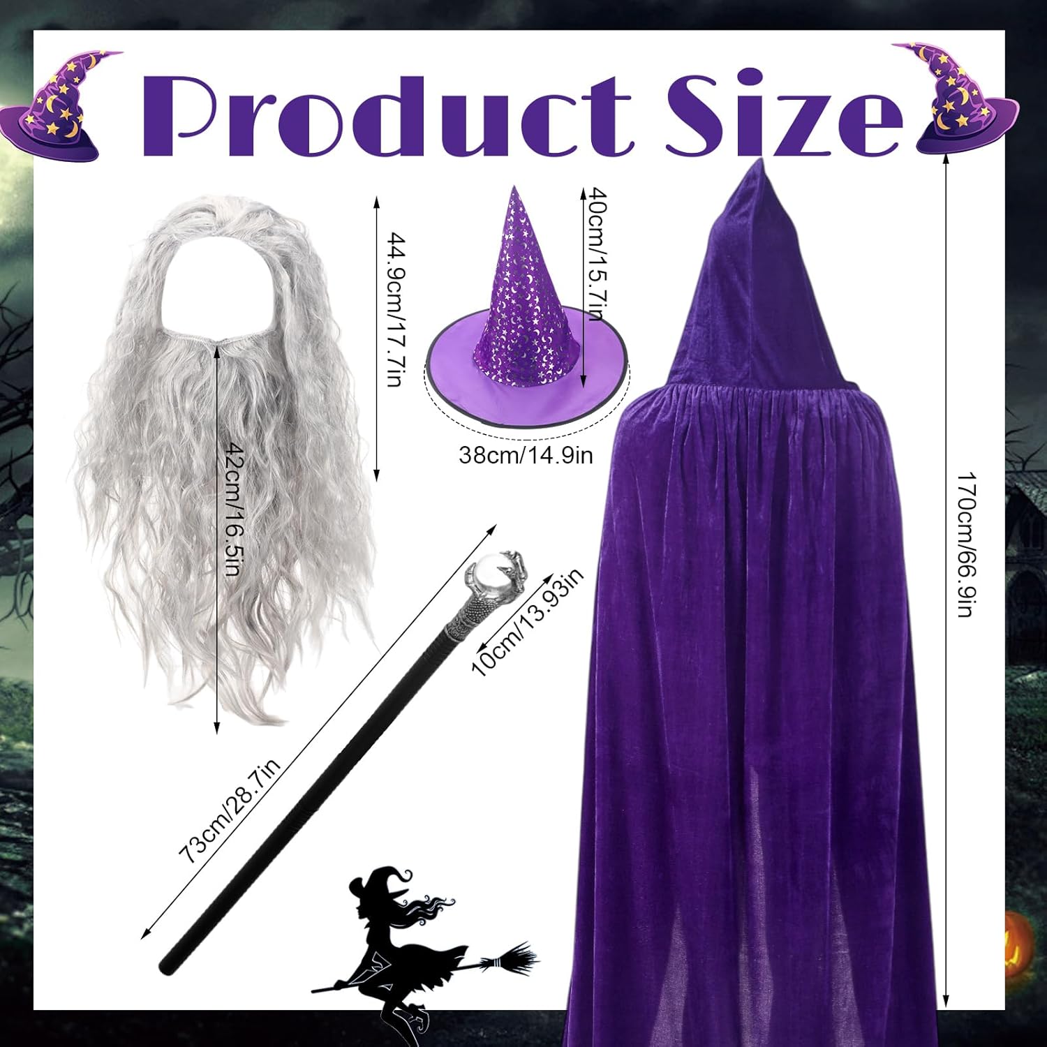 Hicarer 4 Pcs Halloween Wizard Costume Set Include Wizard Hat Cloak Wig Beard Wand Costume Accessories for Adults - Image 2