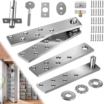 Pisman Pivot Door Hinges Heavy Duty, 360 Rotation for Murphy Bookshelf | Large size, simple lock style, for wood secret and hidden bookcase, complete accessory set