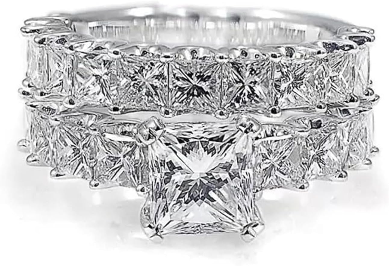 ENDLESSNESS & ETERNITY 4 Carat CZ Cubic Zirconia Half Eternity Wedding Band Ring Set Princess Cut Solitaire 14K Gold Plated Engagement Ring Promise Band Ring