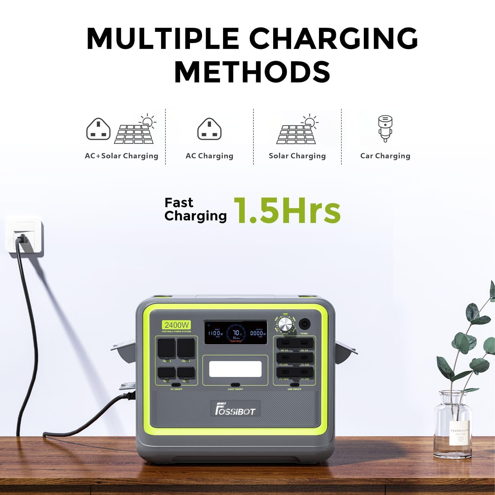FOSSiBOT F2400 Centrale Elettrica Portatile e Generatore Solare, Batteria di Backup LiFePO4 da 2048 Wh, Uscita CA 2400W (Picco 4800W), CC, USB,Power station adatta per Camper e Viaggi All'aperto
