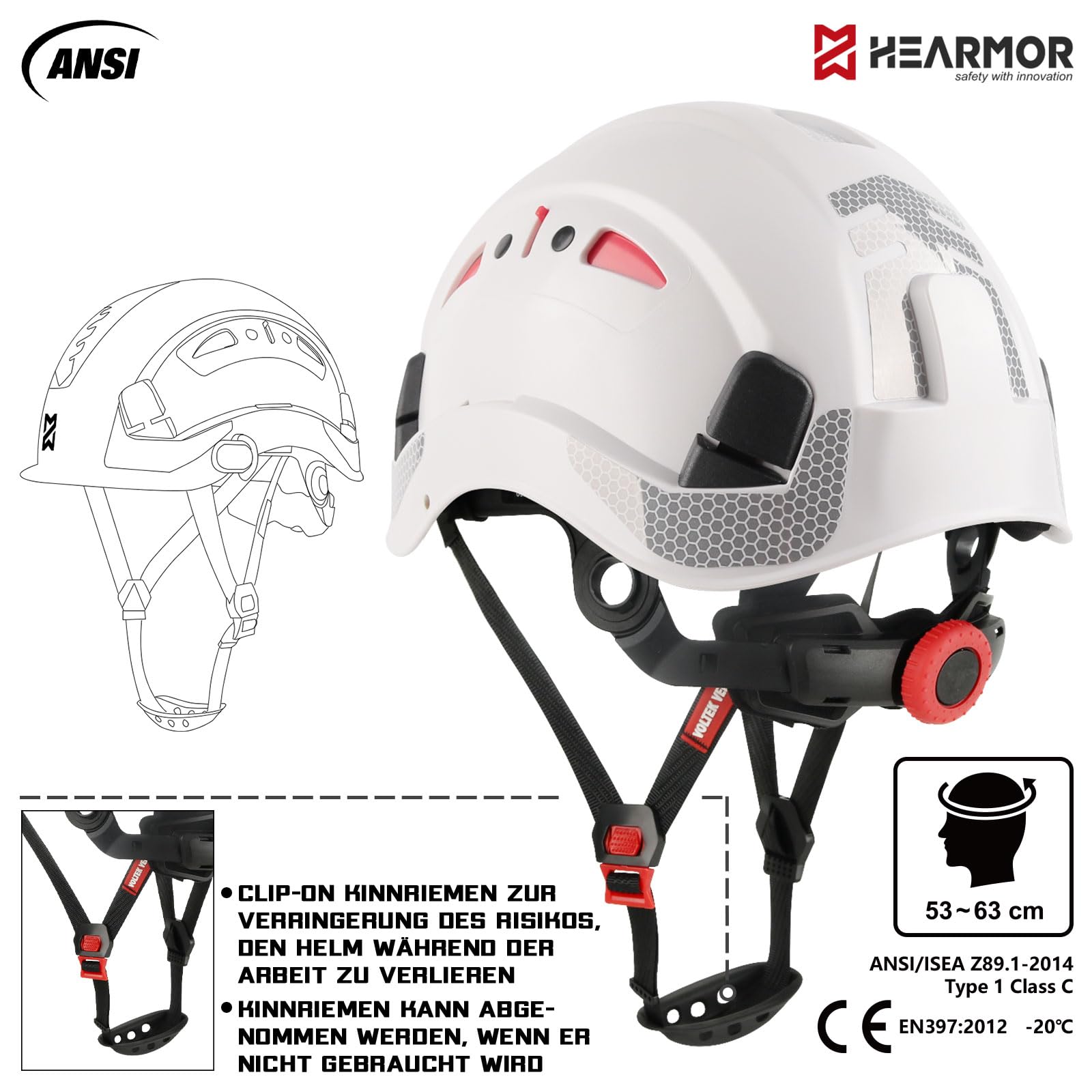 HEARMOR Baustellenschutzhelm, EN397-zertifizierter, Verstellbarer ABS-Schutzhelm mit 6-Punkt-Ratschensystem, inkl. Kühlungsfutter und Tragetasche - für alle Arbeitsplätze geeignet