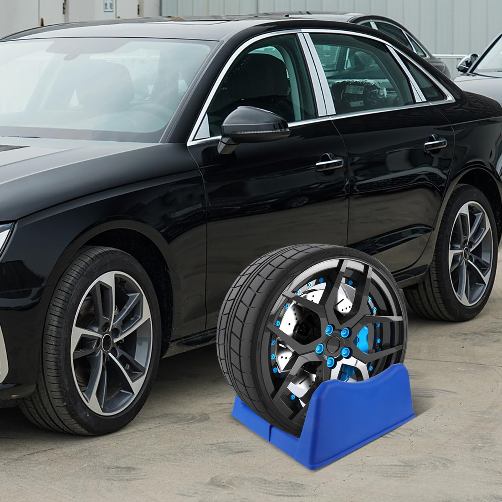Rastrelliera Porta Pneumatici Blu con Base Mozzo Ruota, Supporto Espositore in Plastico per Uso Domestico e Garage, Soluzione Pratica per Stoccaggio e Esposizione