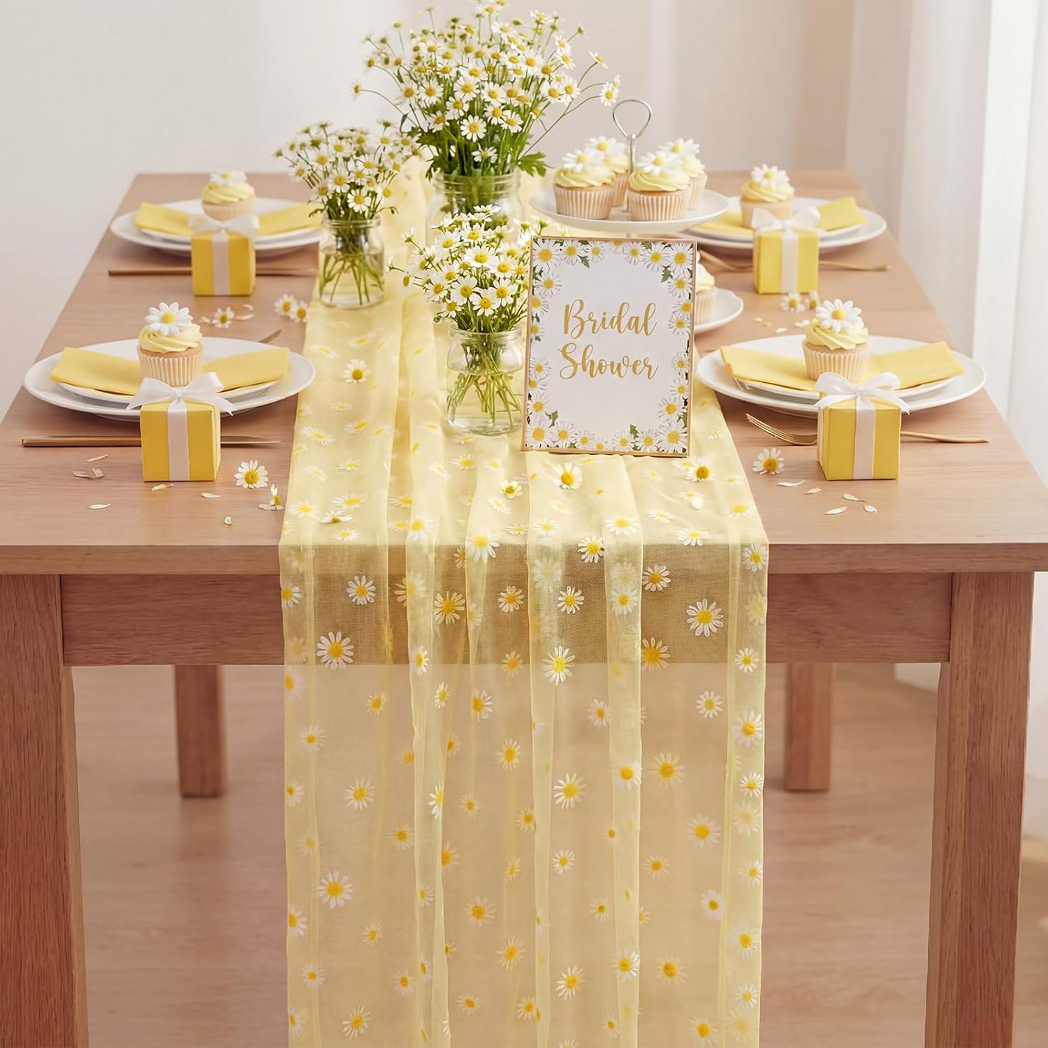 8 Pcs Yellow Daisy Table Runner 29 X70 Inch Yellow Tulle Lace Table Cloth Florals Seasonal Sheer Dining Cover for Daisy Retro Boho Birthday Baby Shower Wedding Holiday Party Home Kitchen Decor