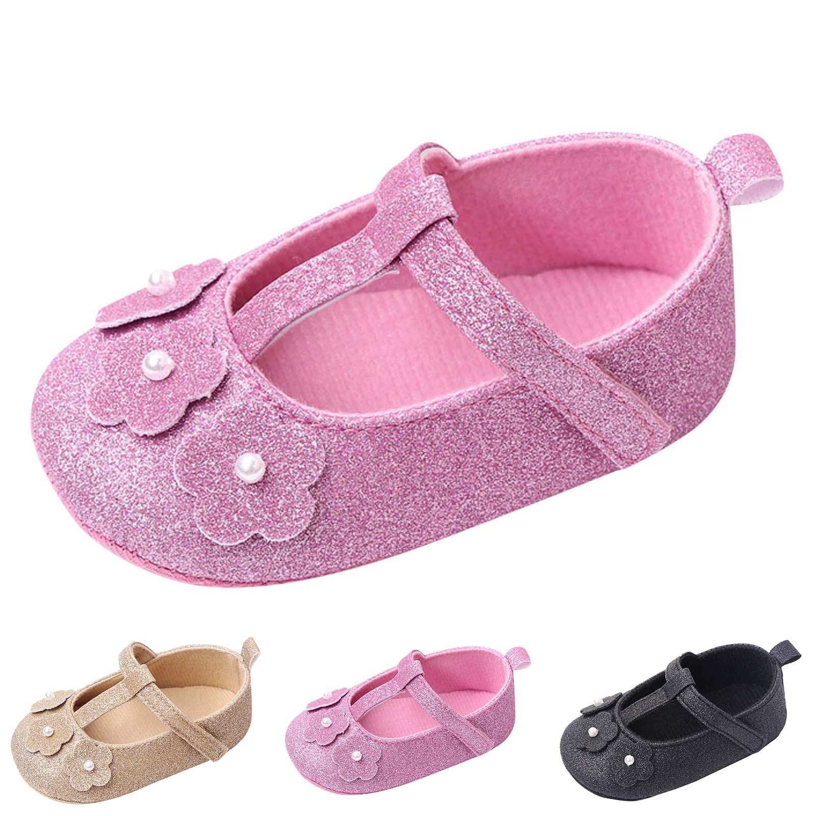 Summer Children Infant Infant Shoes Girls Sports Shoes Flat Bottom Lightweight Shiny Pearl Flower Solid Hook Loop Girls Shoes Size 8 (Black, 6 Infant)