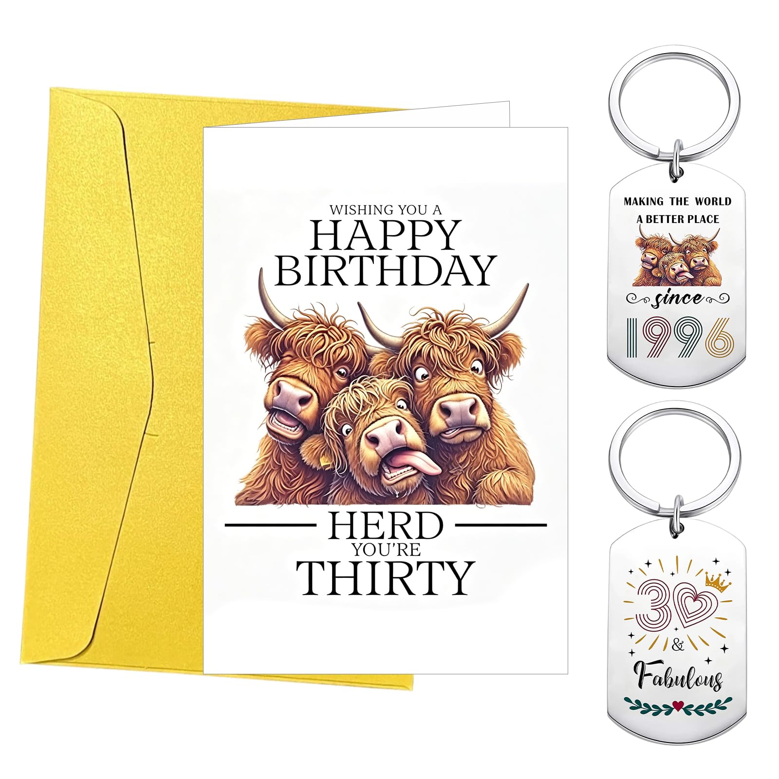 GOZINA Highland Cow 30th Birthday Card and Keyring Gift Set, Funny Milestone 30th Birthday Card for Men or Women, Unique Birthday Present for Friends, Family, Coworkers (30th（1996）)