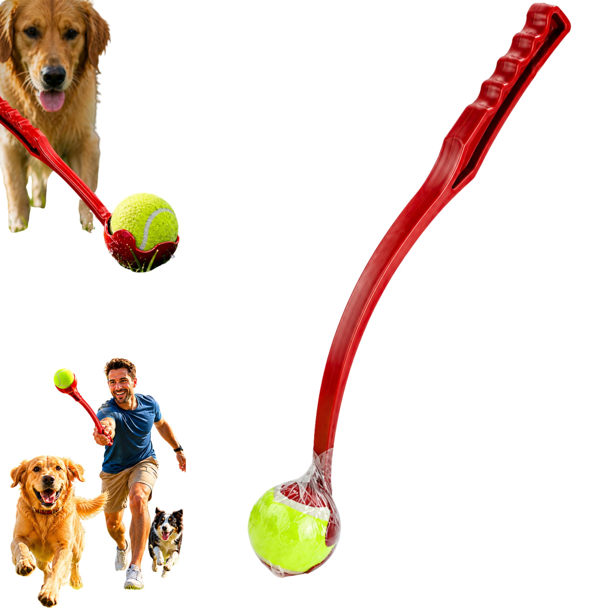 HOVUK PET PRO Interactive Deluxe Dog Fetch Ball Launcher – Tennis Ball Thrower & Picker Stick for Dogs, Lightweight Long Throw Outdoor Pet Toy with Comfortable Handle – Red