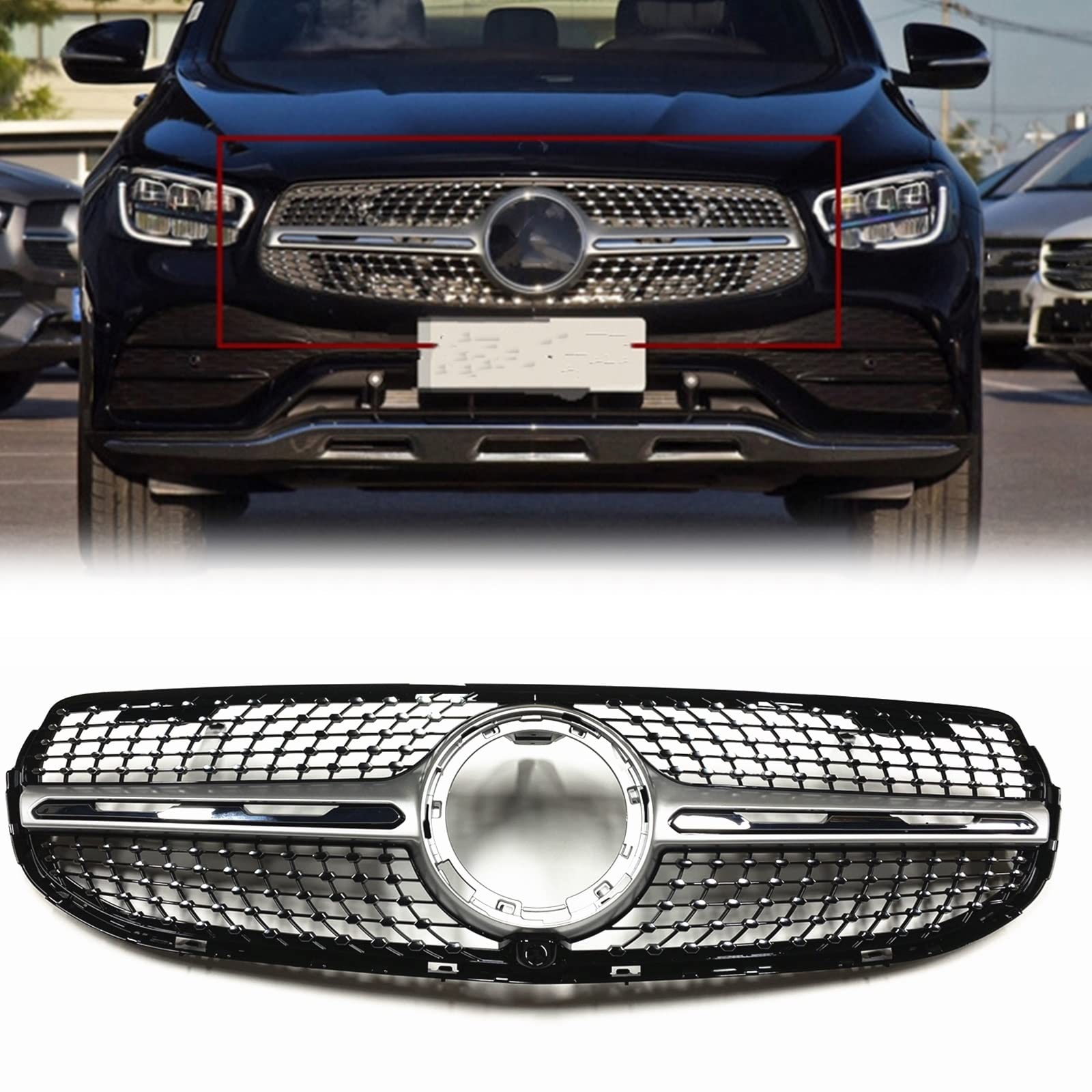 CHEVVY Griglia Anteriore Griglia Silver Diamond Style Griglia Superiore in Rete per Auto per Benz Classe GLC W253/X253 2020-2021 GLC250 GLC300 GLC350 Accessori
