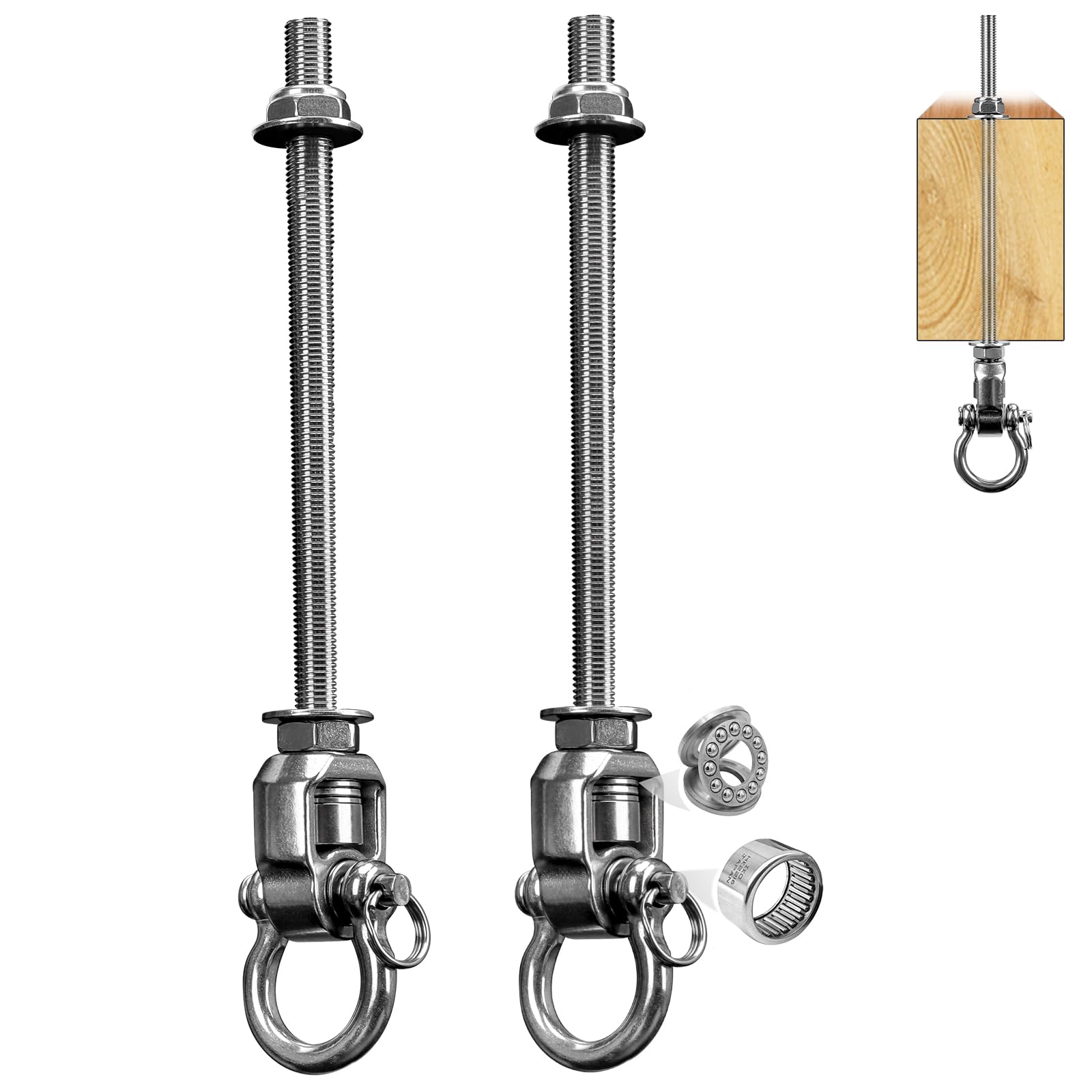 Dakzhou 2 Pcs Swing Hanger, 285mm Heavy Duty Hammock Hook with Bearing, M10 Permanent Antirust Stainless Steel 304 360°Swing Bracket Hammock Hook for Playground Yoga Sandbag Swing, 453KG — image 1