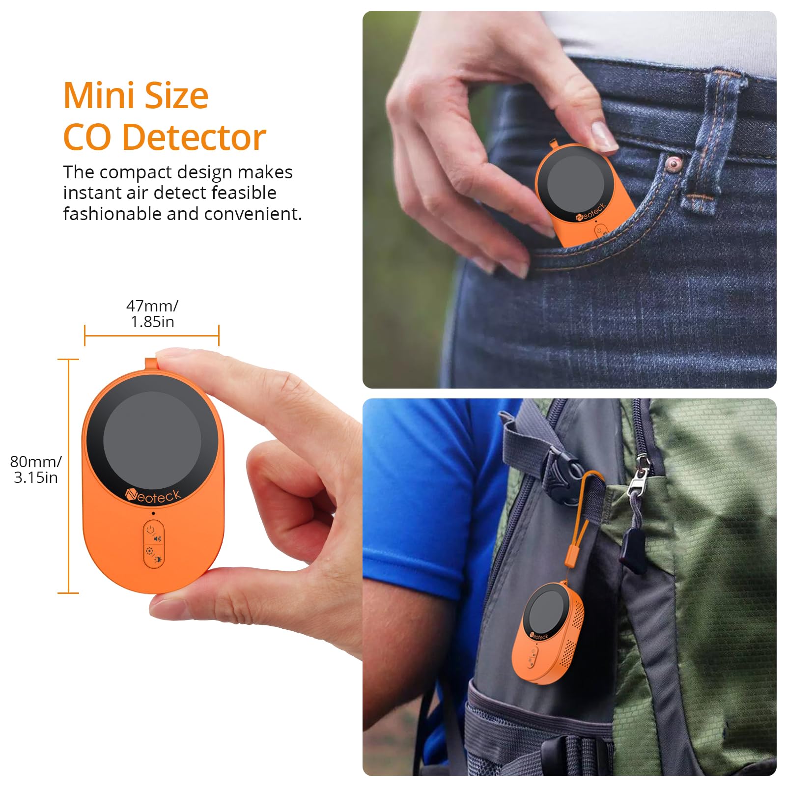 Neoteck Mini Detector de CO 1s Refresh Detector de Monóxido de Carbono con Alarma de Zumbador y Cordón, 700mAh Batería Recargable Incorporada para Camping, Caravaning, Hogar, Coche, etc.