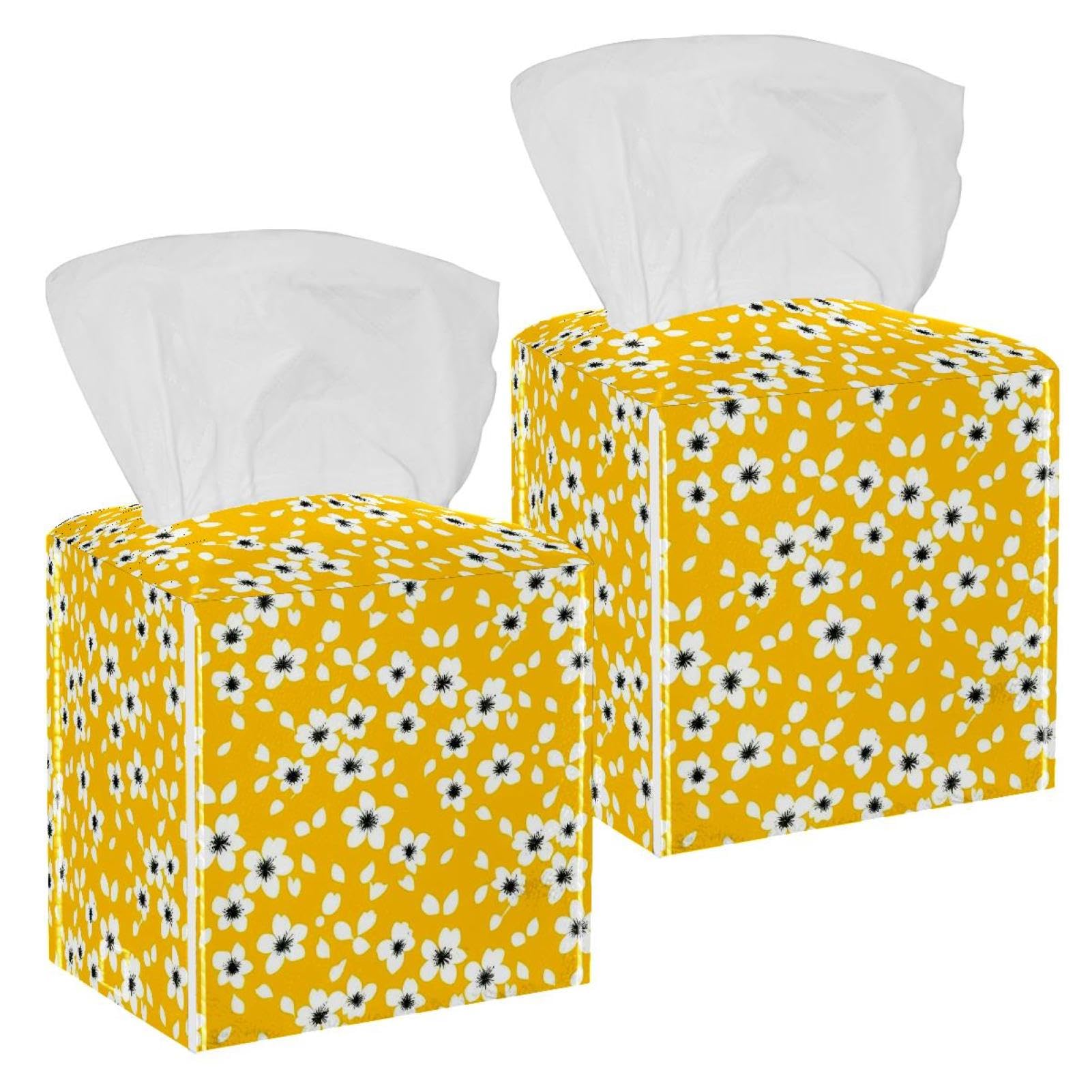 Flowers Tissue Box Cover, 2 Pack PU Leather Square Facial Tissue Dispenser Box holder for Home Office Car