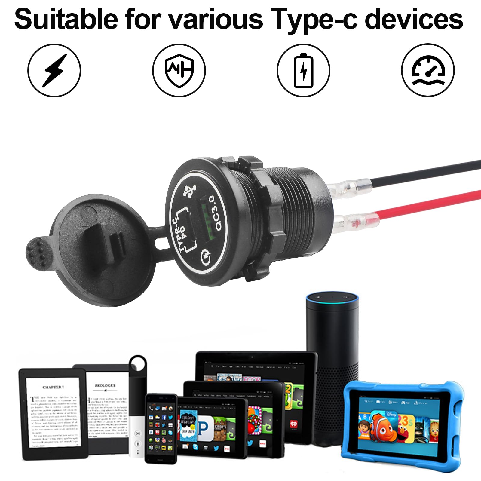 2 Enchufes USB 12V para Carga de Coche Conector | PD USB-C y QC 3.0 para Coche Resistente al Agua Cable 60 cm y Kit de Panel con Sierra Corona de 30 mm para Autocaravanas etc