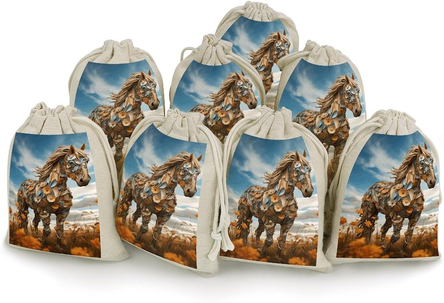 8 Pack A Horse in The Field Muslin Bags 5×7 Inch Cotton Linen Drawstring Pouches for Gifts Jewelry Wedding Favors Party Reusable Cloth Storage Sacks with Double Strings for Jewelry DIY Crafts