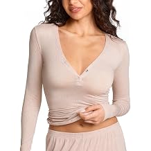 Natrelax Modal Ribbed Henley Shirts | Semi Sheer Fabric, Long Sleeve T Shirts, Going Out Tops, Comfort Soft, Plunge, Body-hugging Fit, Womens Pajama Sleepwear