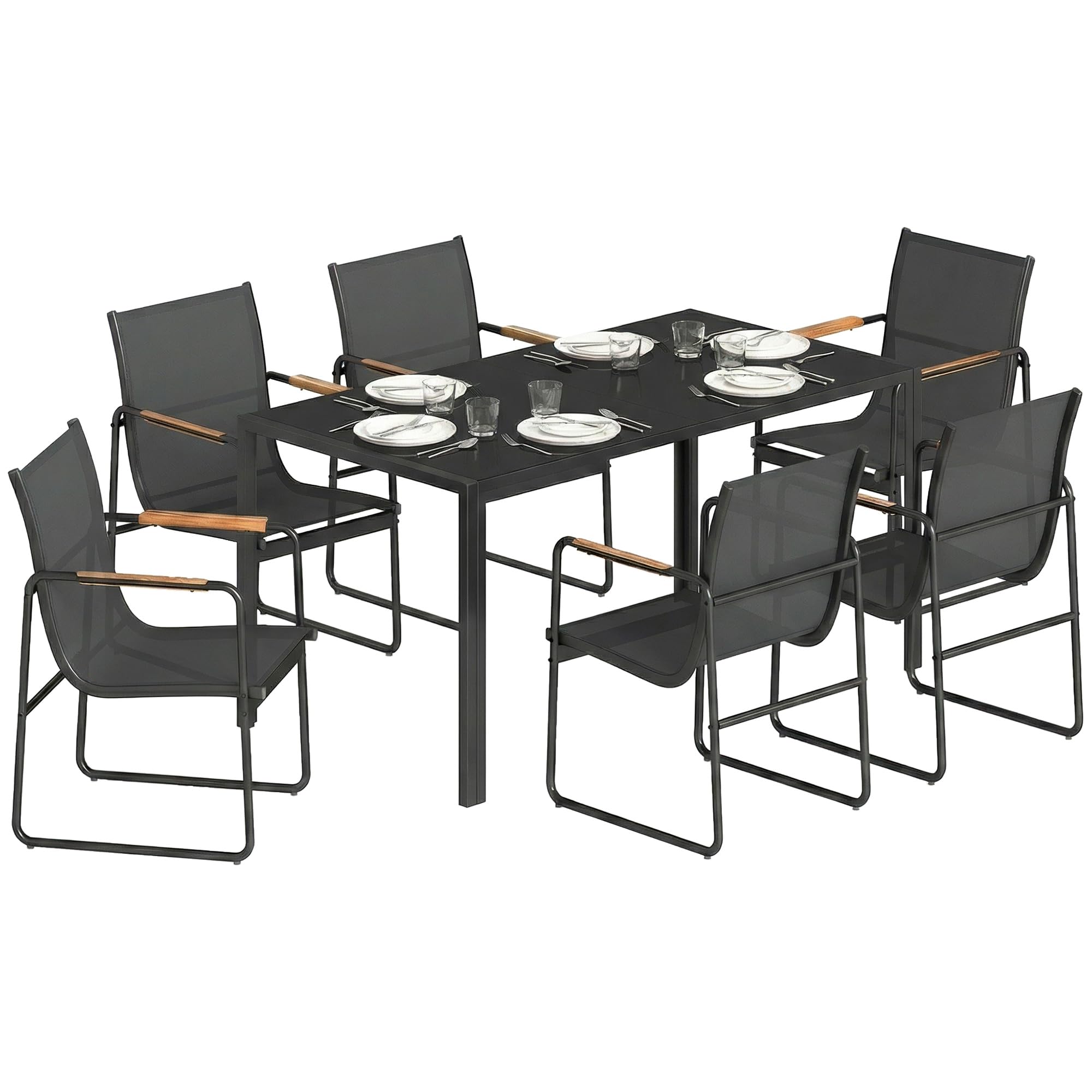 Outsunny Set Tavolo e Sedie da Giardino 7 Pezzi, Pranzo Esterno con Tavolo in Vetro Temperato, Sedie Texteline Traspirante, Acciaio, Nero