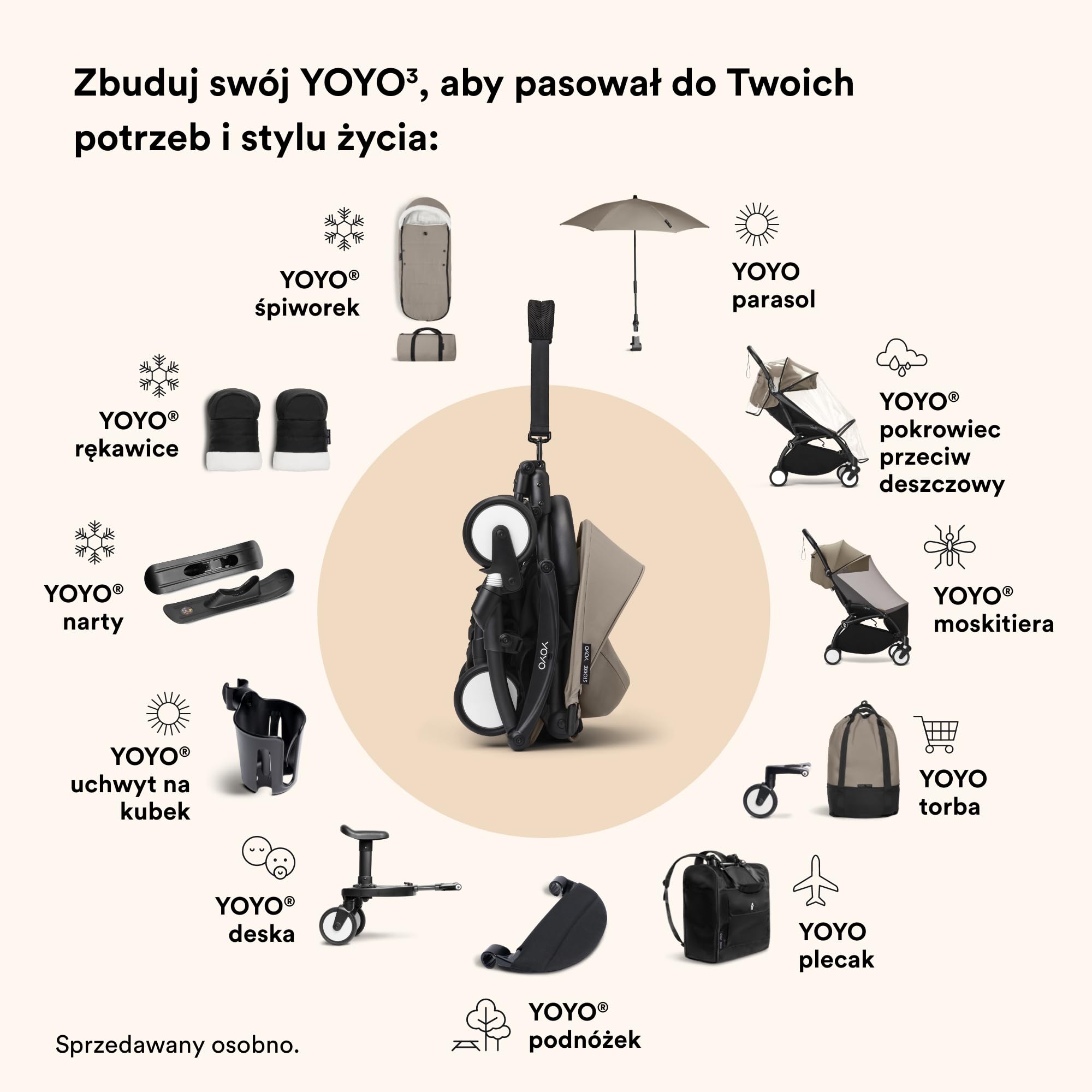 Parasol Stokke YOYO, Taupe - ochrona UPF 50+ - do wózka z zestawem dla noworodka 0+, gondolą lub zestawem kolorystycznym 6+