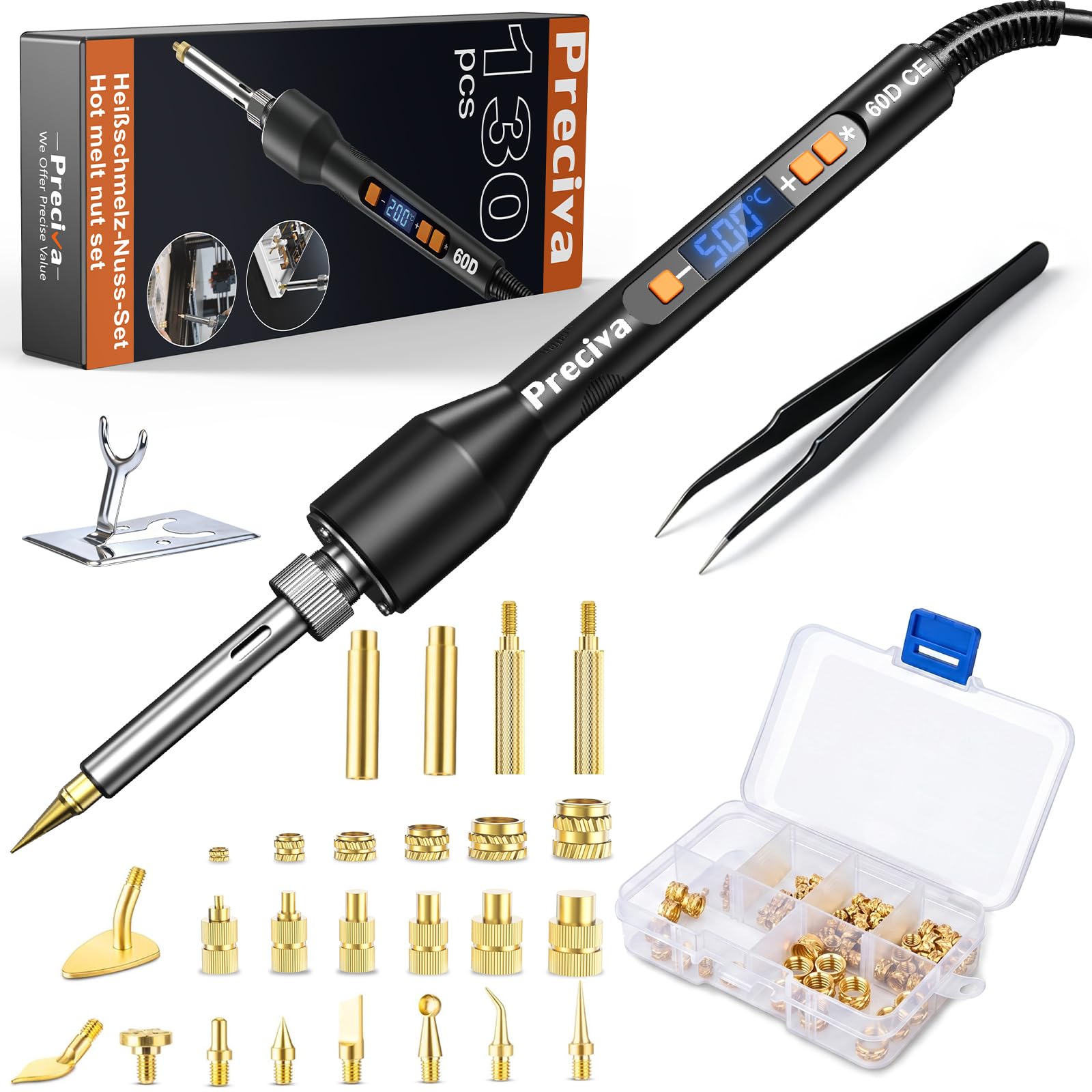 Preciva M2-M8 Heat Set Insert Tool Kit for 3D Printing Inserts,130PCS Threaded Inserts Set,Insert Tips&Adapter,60W Digital Soldering Iron,200-500℃,for 3D Printing and Plastic