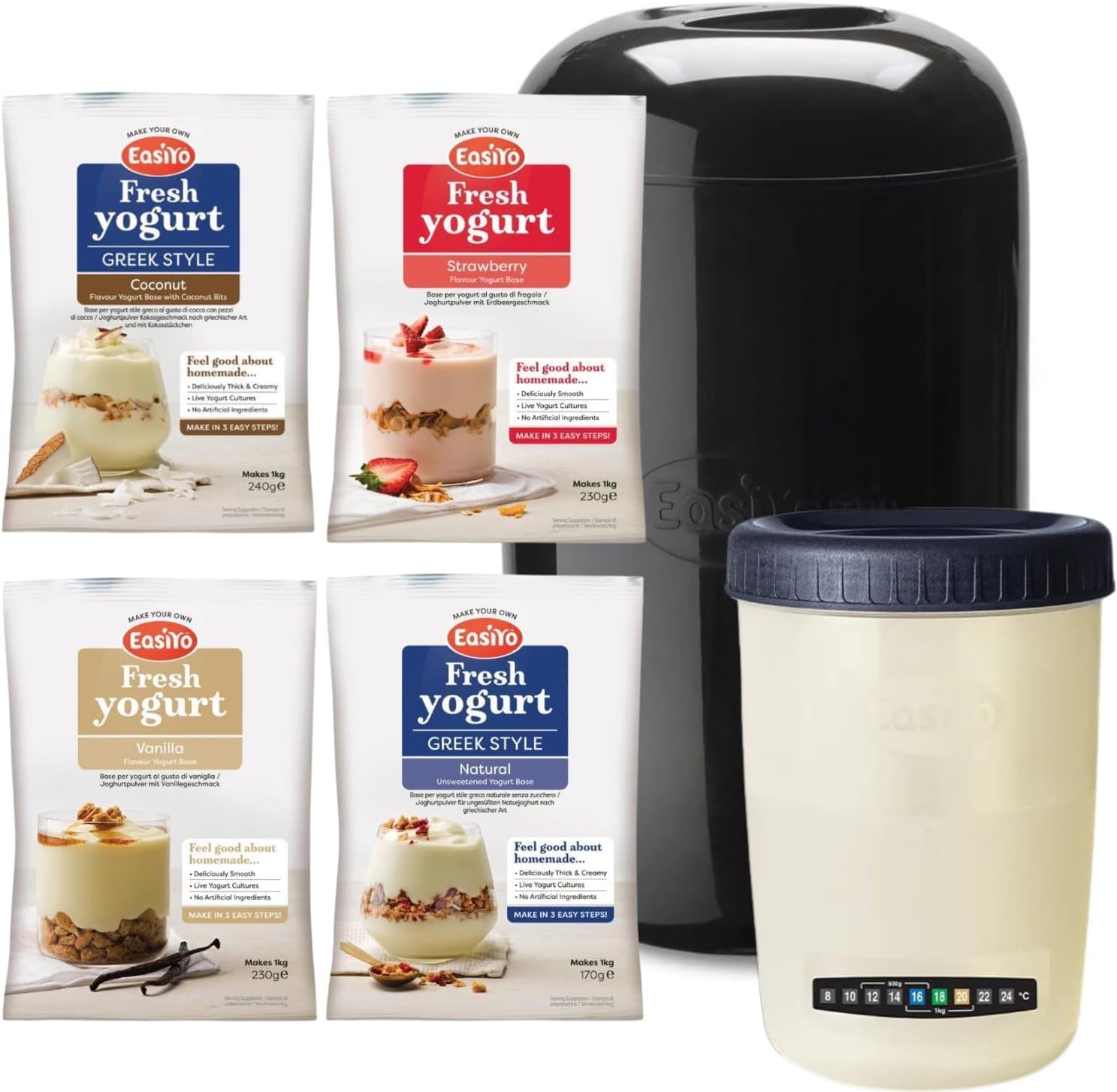 EasiYo Yogurtiera Nera (1 kg) Confezione Starter | Include 4 Bustine di Yogurt G/S Naturale, Fragola, Vaniglia e G/S Cocco con Pezzetti