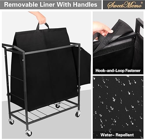 Miniatura 4 de Cesta de lavandería con ruedas, carrito de lavandería con ruedas resistentes, canasta grande para ropa con tapas y bolsa dividida, color negro