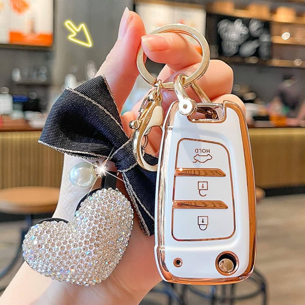 Folding Key Fob Cover for Hyundai Elantra Solaris 2 Tucson I30 I35 I40 Ix35 Kona Genesis Santa Fe Azera Verna Accent Celesta Sonata Accessories Key Shell Cover Protector-White image 5