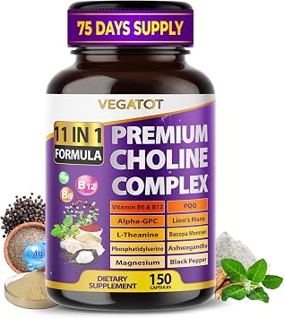 VEGATOT Ultra Organic Choline Complex 10-in-1 Formula with Vitamin B6, B12, Alpha-GPC, Magnesium, L-Theanine & Ashwagandha Supports Mental Focus & Cognitive Balance 150 Capsules
