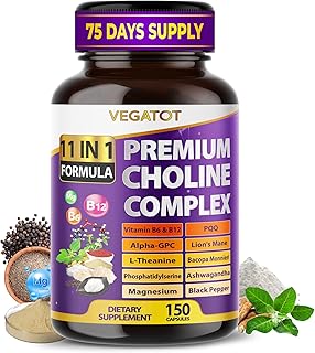 VEGATOT Ultra Organic Choline Complex 10-in-1 Formula with Vitamin B6, B12, Alpha-GPC, Magnesium, L-Theanine & Ashwagandha – Supports Mental Focus & Cognitive Balance – 150 Capsules